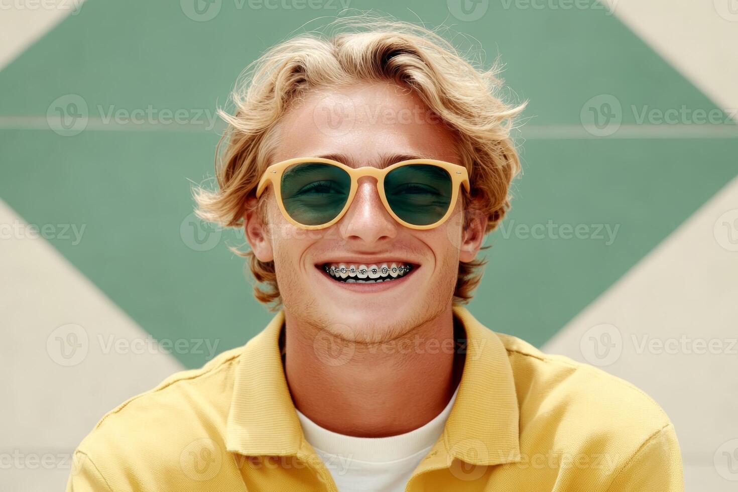 Young man with braces smiles brightly while wearing stylish sunglasses in a colorful setting photo