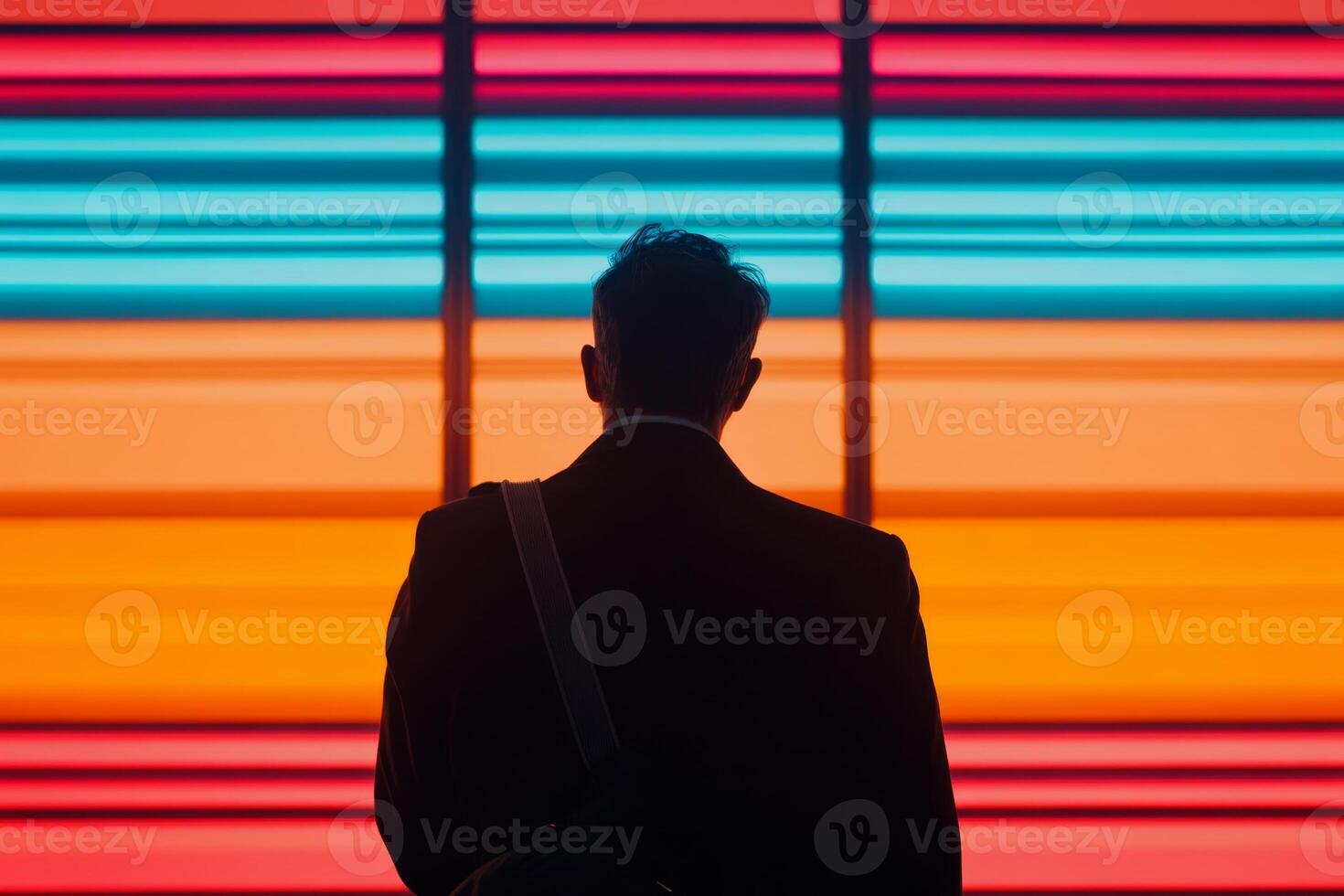 Individual standing in front of colorful illuminated wall during evening hours in urban setting photo