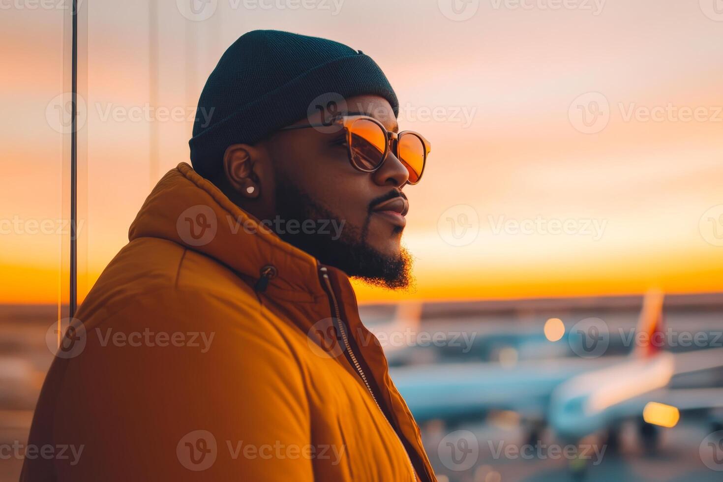 Man with sunglasses gazes out at vibrant sunset at airport terminal with planes in the background during evening photo