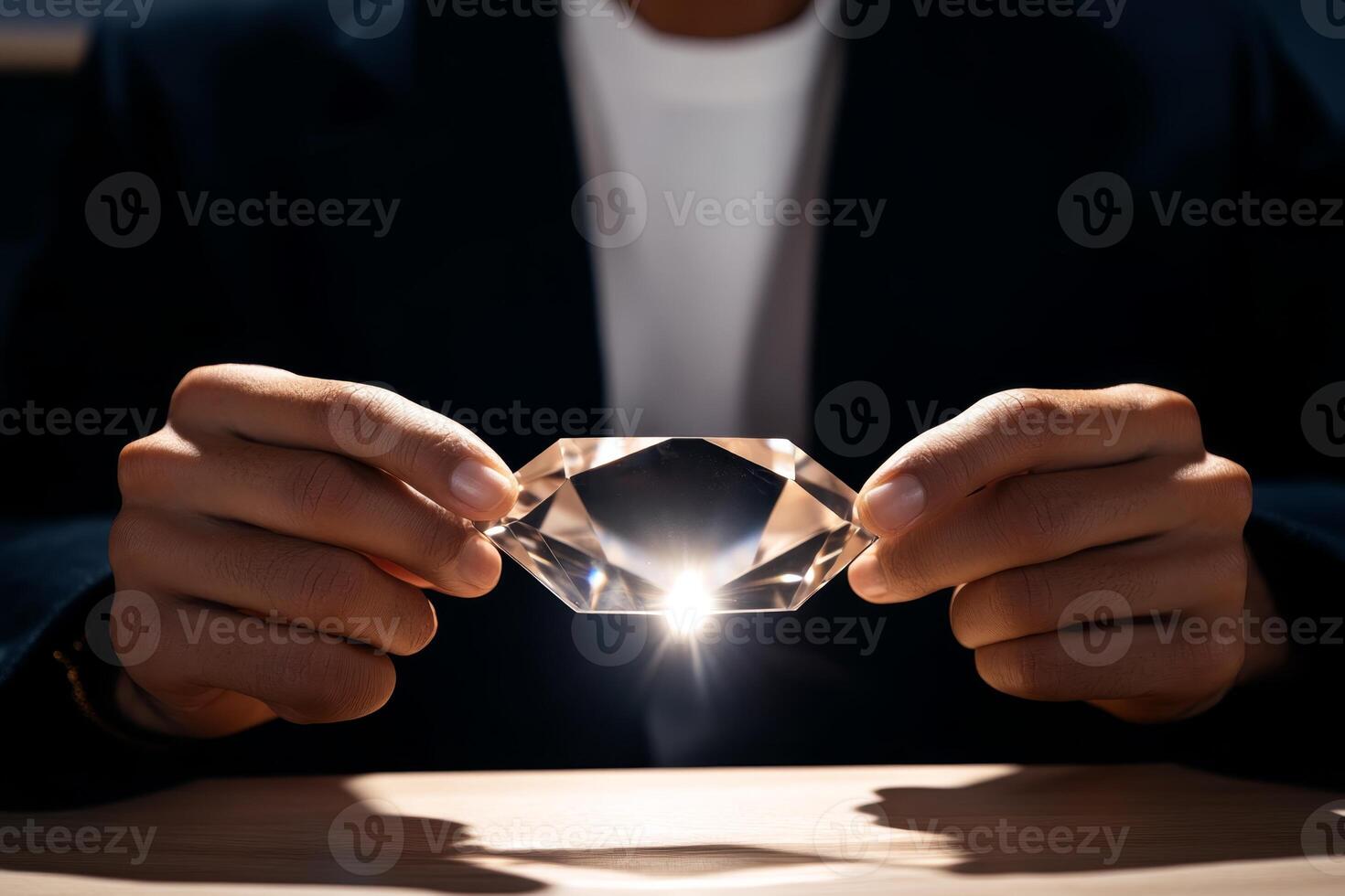 A person holds a clear crystal in a dimly lit room, reflecting light and creating a striking visual effect during the evening photo