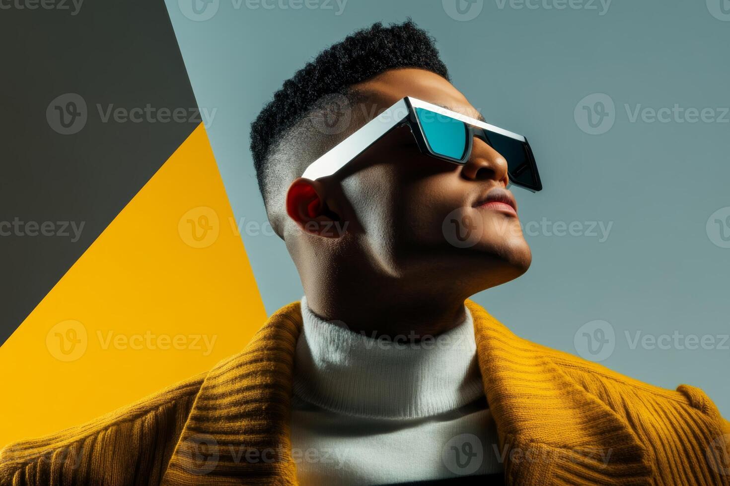 Modern fashion portrait featuring a stylish man with unique sunglasses and vibrant geometric background photo