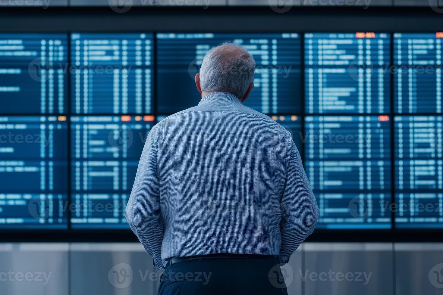Man checking flight information at an airport terminal in the afternoon while contemplating travel plans photo