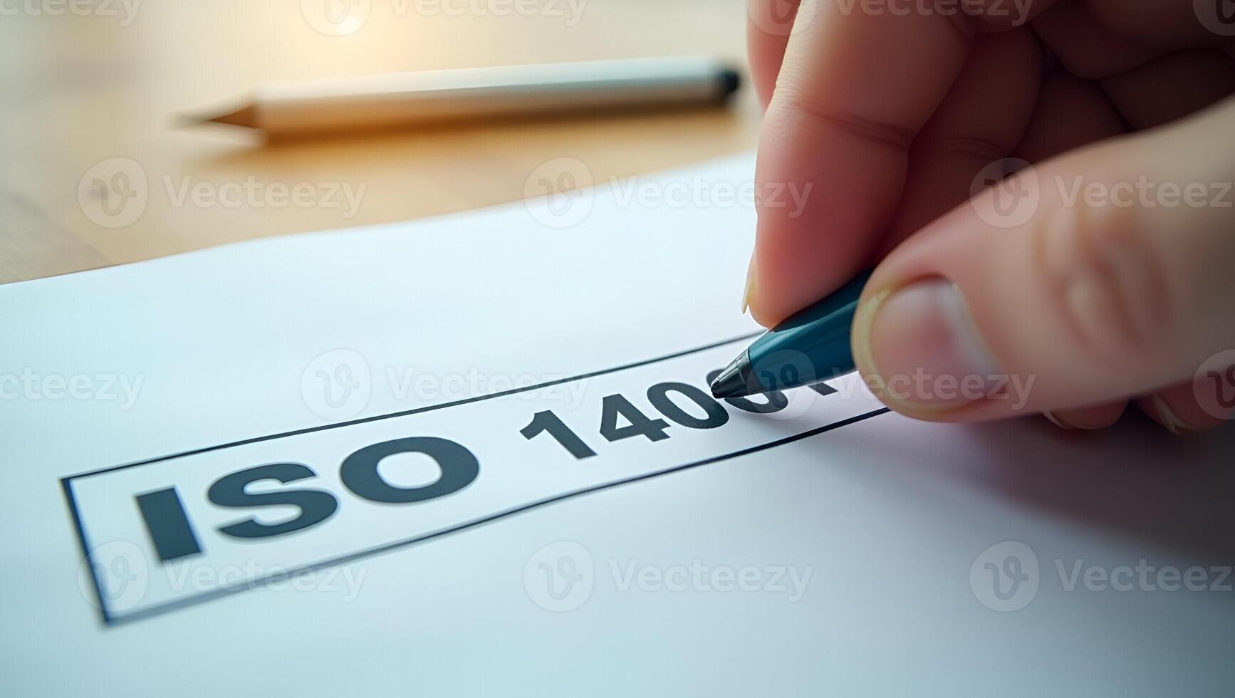 Flat Hand Places Checkmark on ISO 14001 Label A Cute Illustration Symbolizing Quality Control and Certification for Environmental Management Systems EMS Realistic Set 2 photo