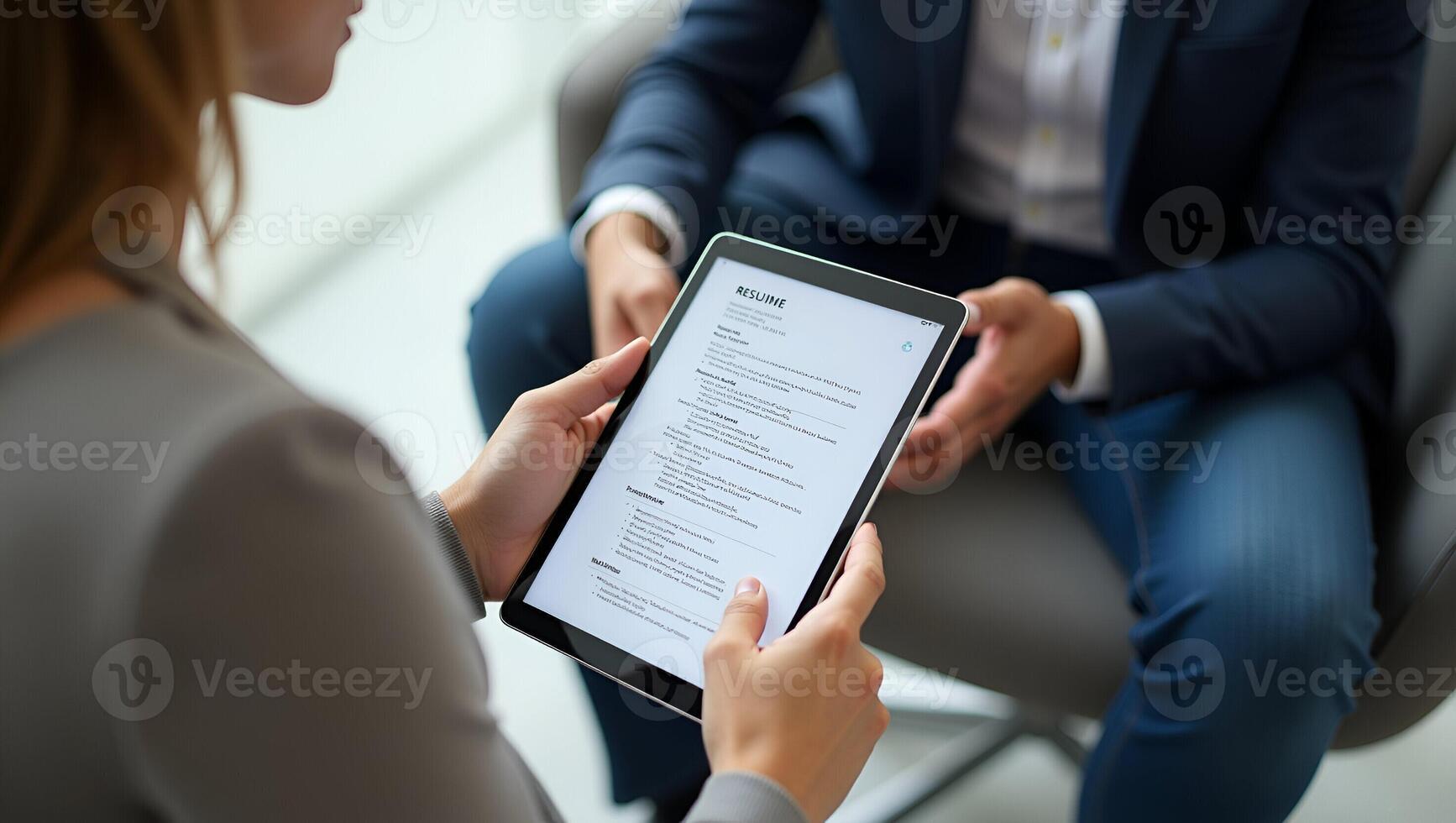Professional HR Manager Reviewing Female Candidate s Digital CV on Tablet During Interview A Close Up Over Shoulder View in a Modern Recruitment Setting Realistic Set photo