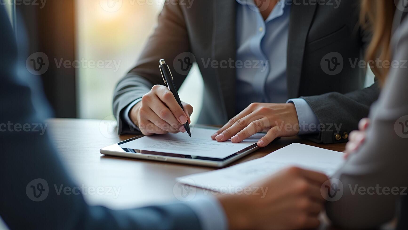 Professional HR Manager Reviewing Female Candidate s Digital CV on Tablet During Interview Process Realistic Set photo