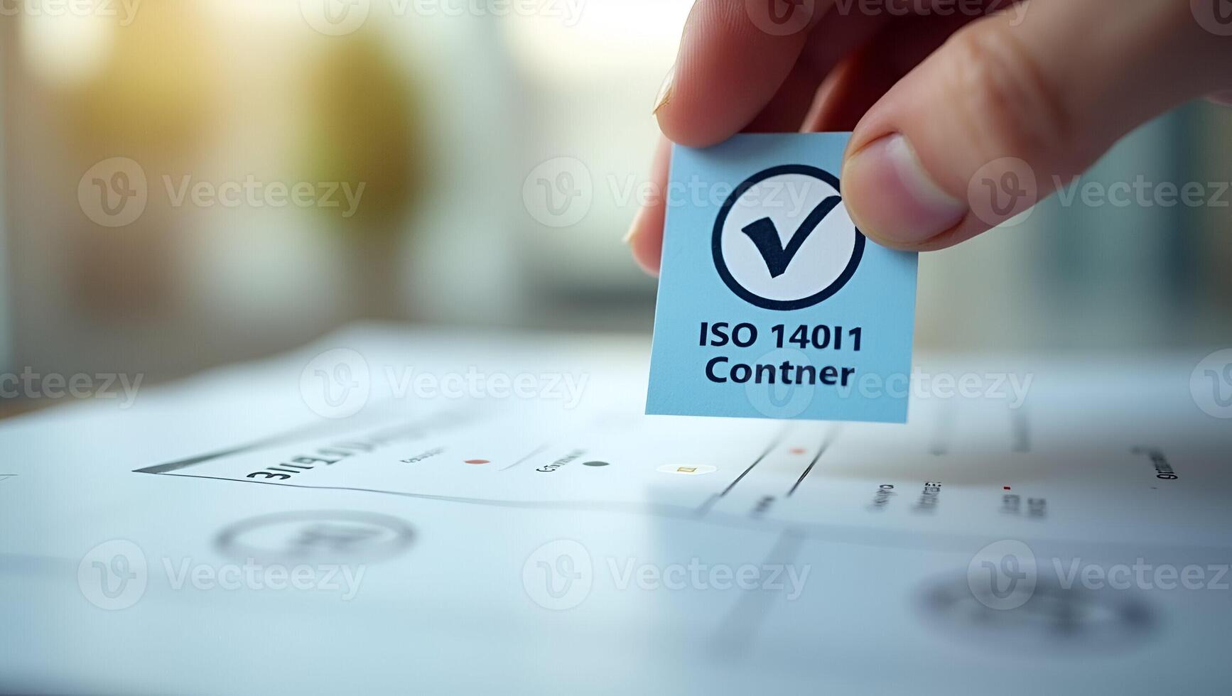 Flat Hand places checkmark on ISO 14001 label representing quality control and certification for environmental management systems EMS concept as Hand places checkmark on ISO 140 Realistic Set photo