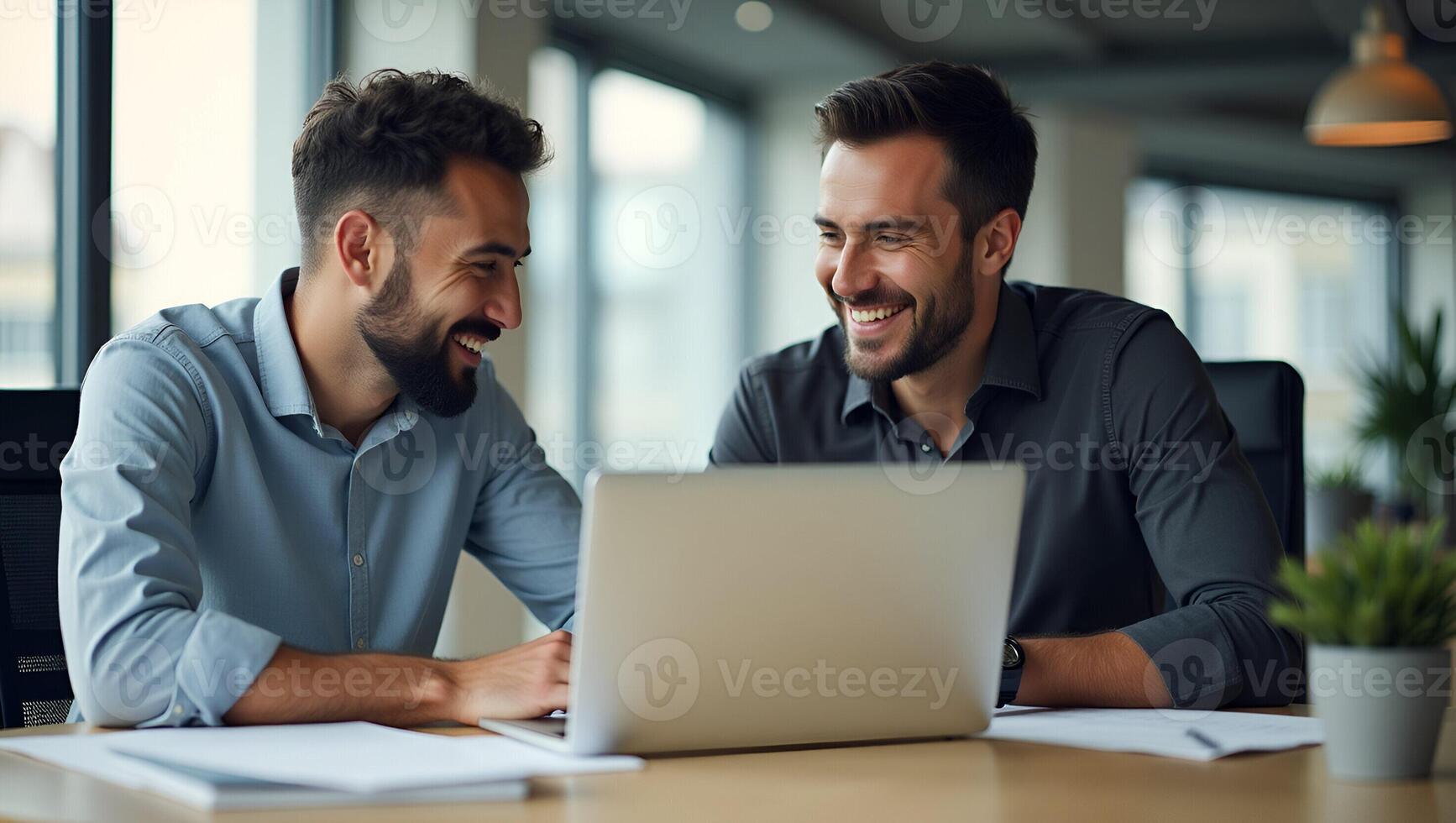 Diverse Male Employees Collaborate in Office Happy Teamwork and Idea Sharing with Laptops A Simple Flat Illustration of Professional Businessmen Realistic Set 2 photo