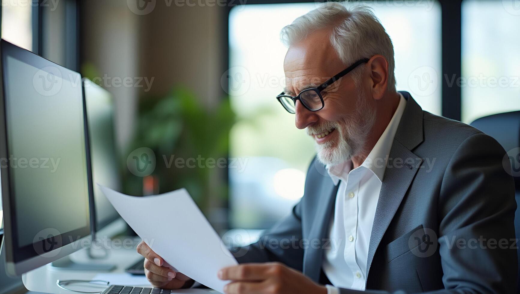 Flat Illustration of Happy Older Businessman Using Laptop and Reading Corporate Documents Realistic Set 2 photo