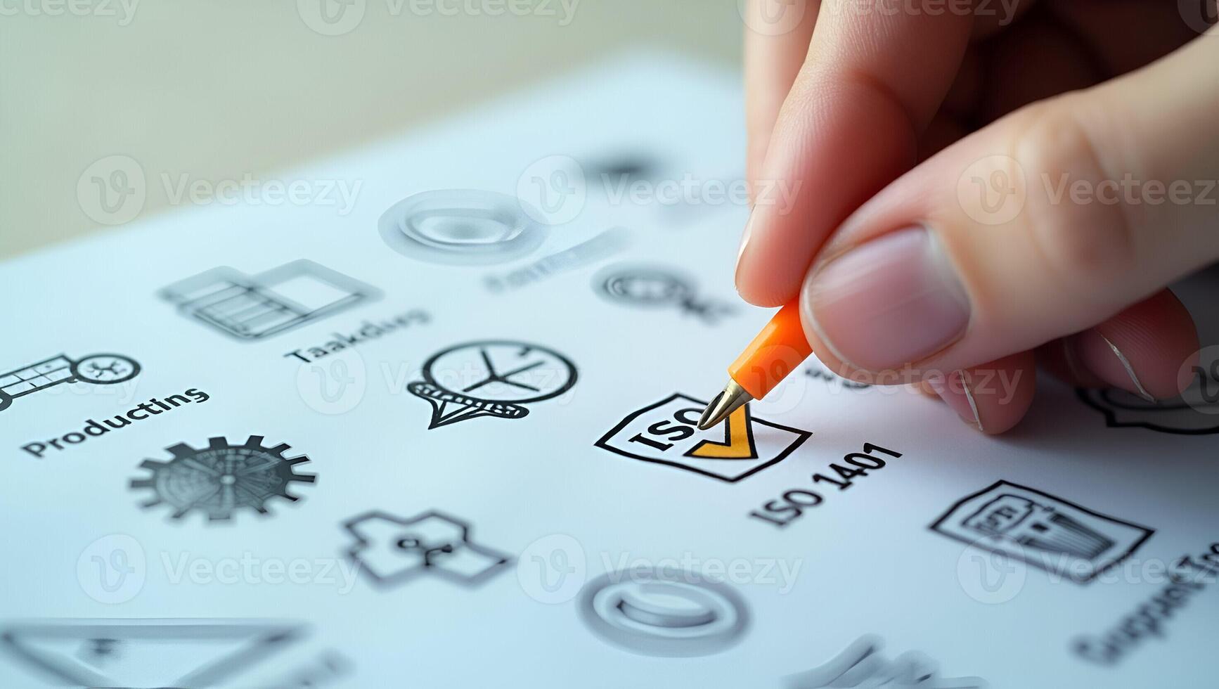 Flat Hand Places Checkmark on ISO 14001 Label A Cute Illustration Symbolizing Quality Control and Certification for Environmental Management Systems EMS Realistic Set photo