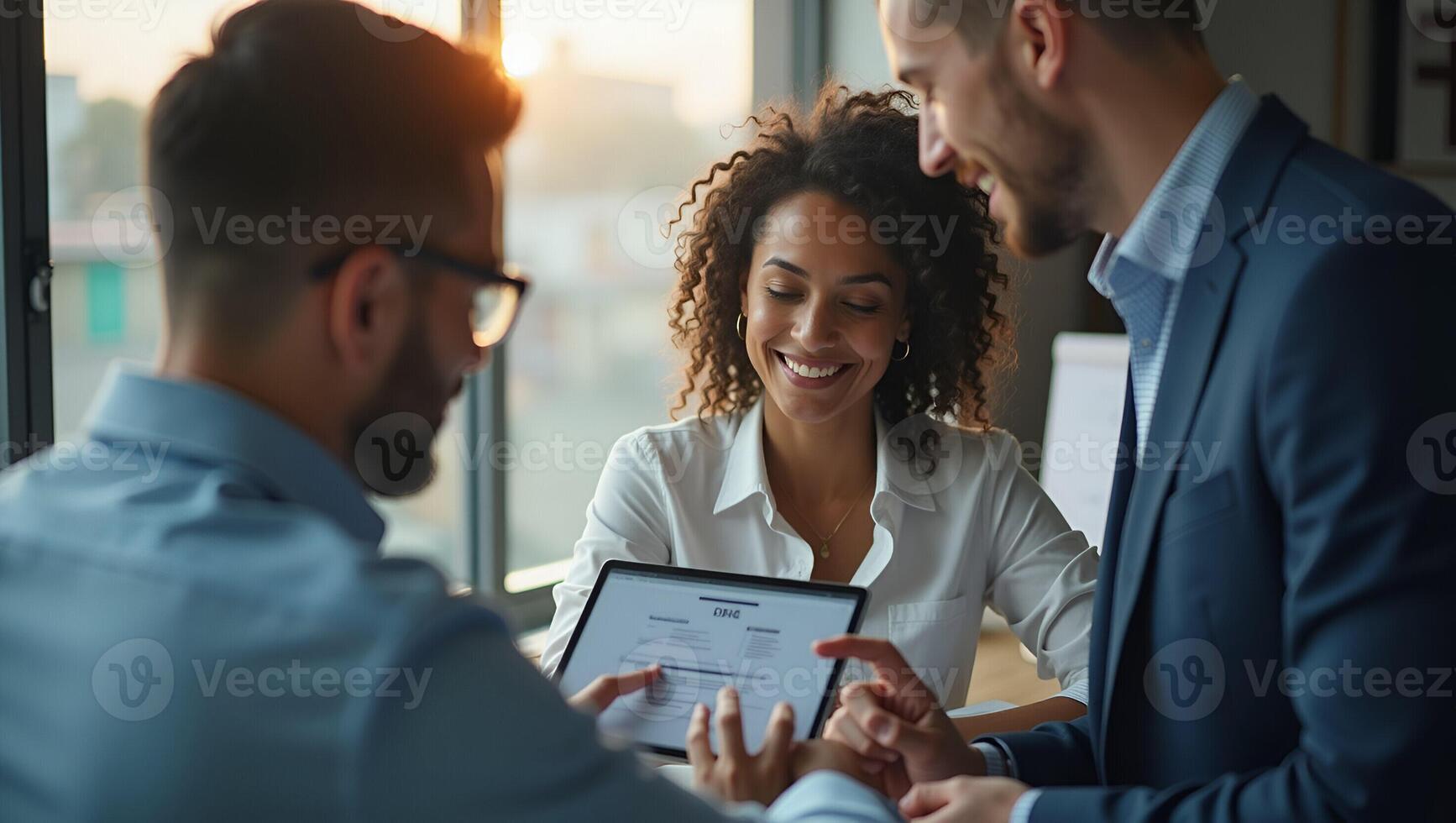 Flat Close up over shoulder view of professional male HR manager checking digital cv resume of female seeker on tablet during interview meeting process Company recruitment human r Realistic Set photo