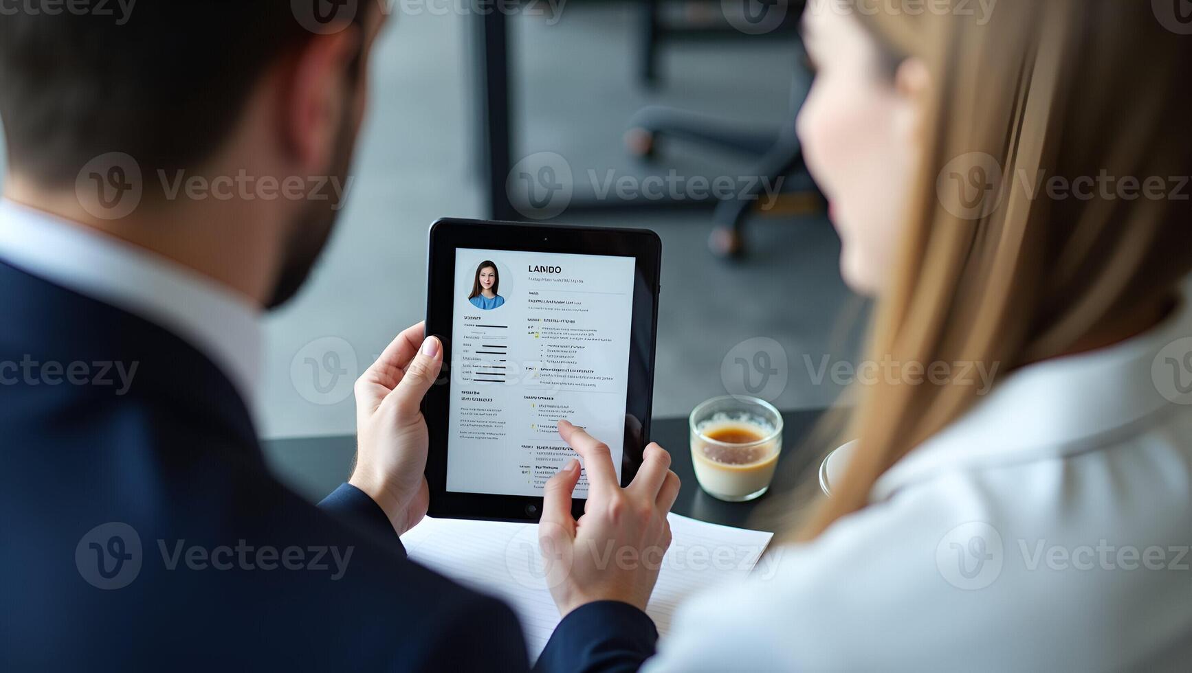 HR Manager Reviewing Female Candidate s Digital CV in Interview Realistic Set photo