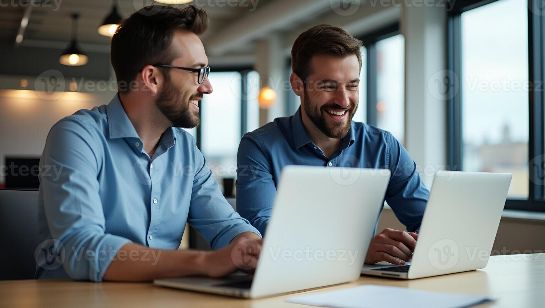 Diverse Male Employees Collaborate in Office Happy Teamwork and Idea Sharing with Laptops A Simple Flat Illustration of Professional Businessmen Realistic Set photo
