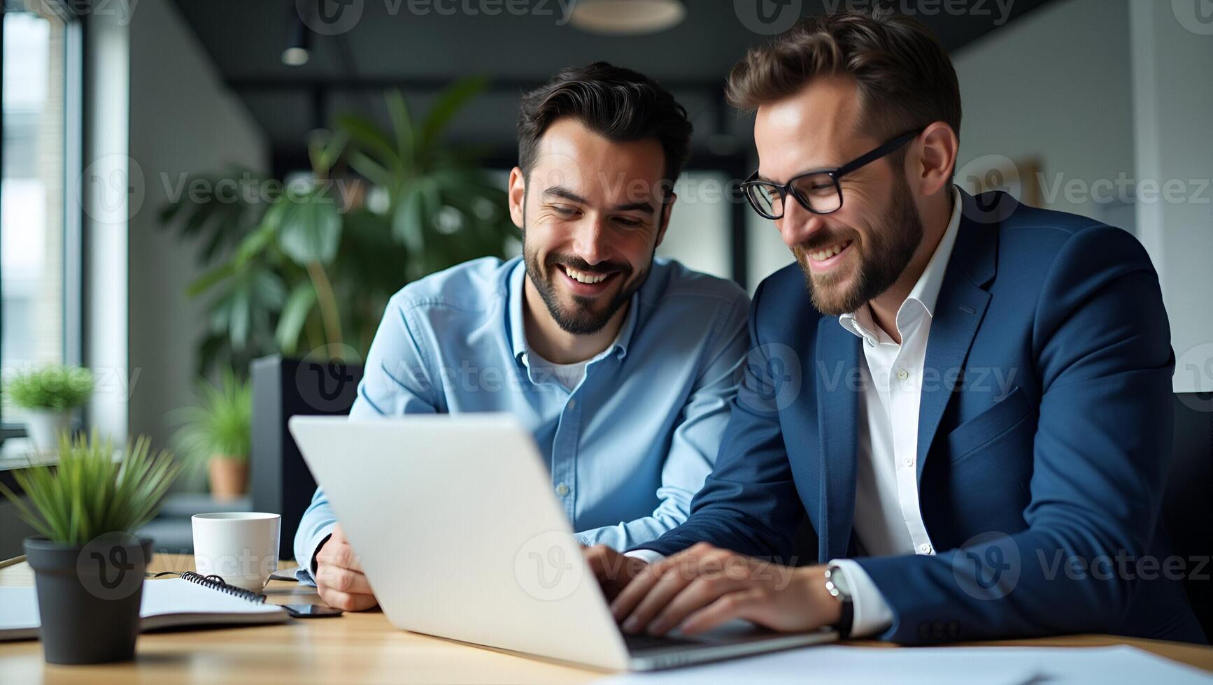 Diverse Male Software Engineers Collaborate on Project Ideas at Office Desk A Cute Illustration of Teamwork and Innovation in a Smart Business Environment Realistic Set 2 photo