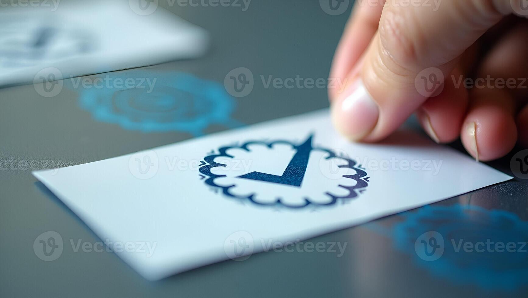 Flat Hand Illustrates Checkmark on ISO 14001 Label A Cute Representation of Quality Control and Certification for Environmental Management Systems EMS Realistic Set photo
