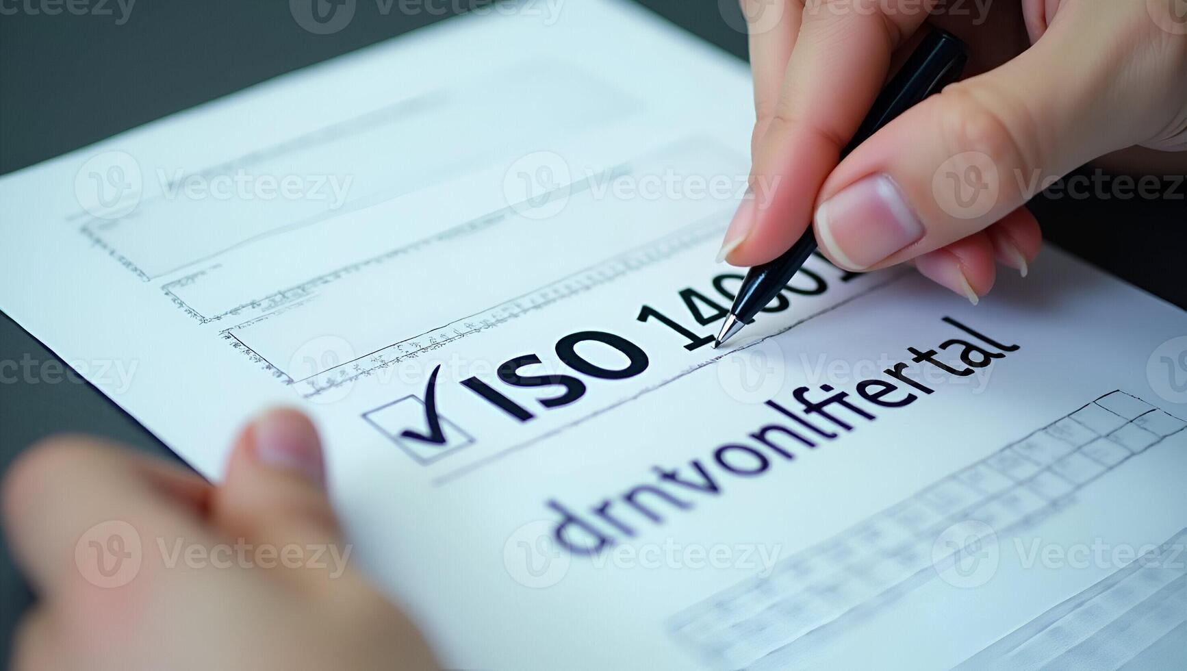 Flat Hand Checkmark on ISO 14001 Label for Quality Environmental Management Realistic Set 2 photo