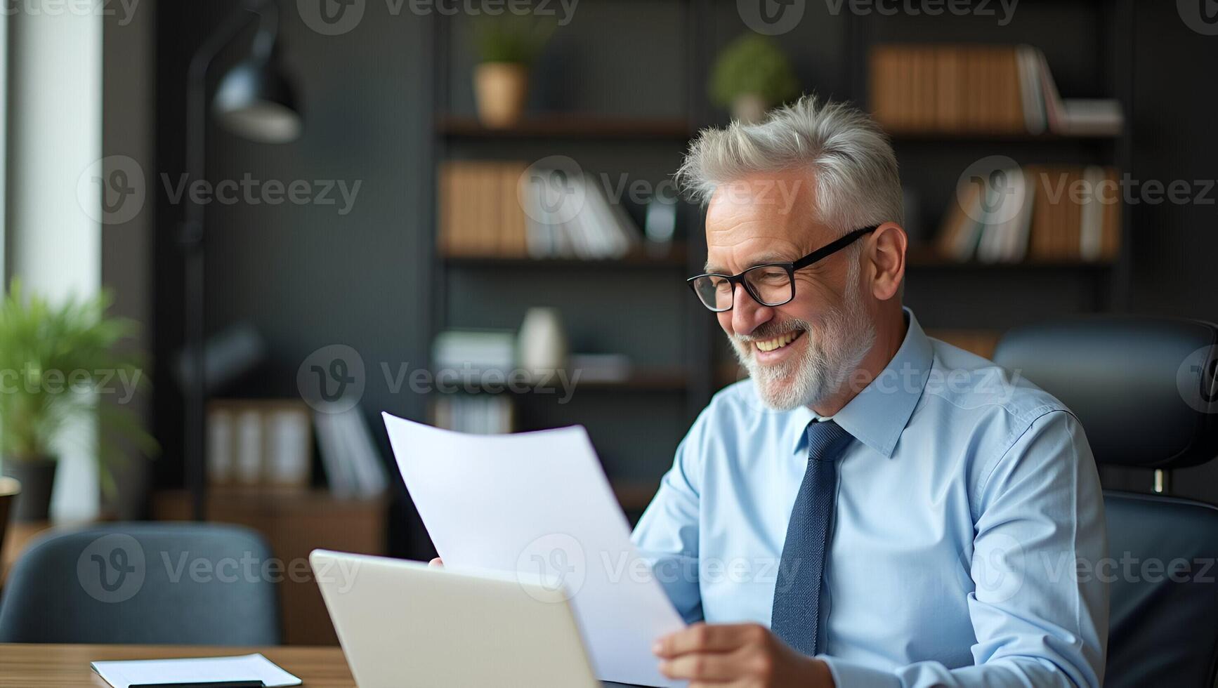 Flat of Happy Older Businessman Using Laptop in Office Realistic Set 2 photo