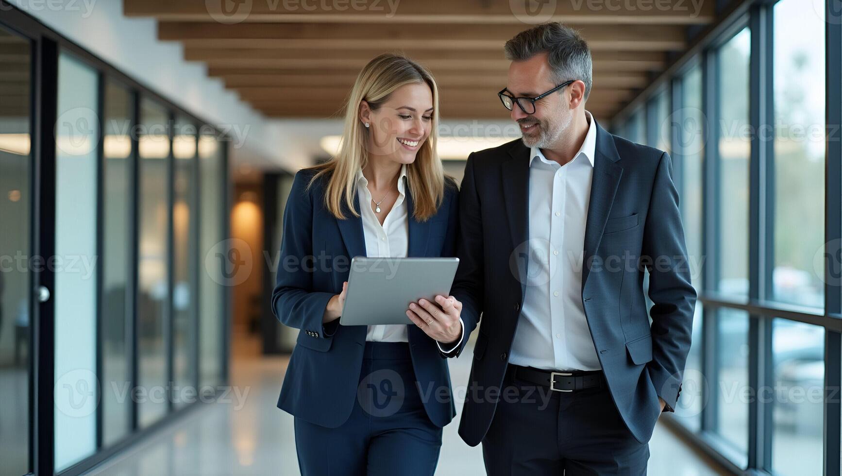 Flat Busy mature professional business people two happy business man and woman executives partners team working together walking in office using digital tablet talking on company f Realistic Set photo