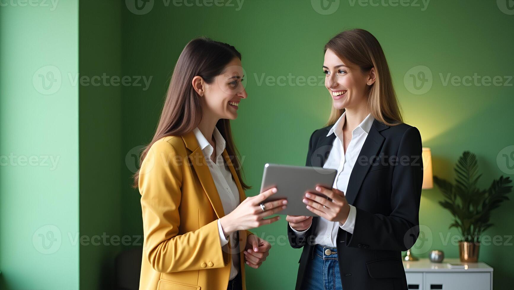 Smiling Young and Middle Aged Businesswomen Collaborating in a Creative Green Office A Illustration of Professionalism and Teamwork with Digital Tablets Realistic Set 2 photo