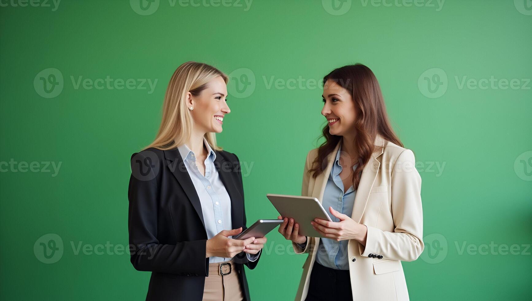 Smiling Young and Middle Aged Businesswomen Collaborating in a Creative Green Office A Illustration of Professionalism and Teamwork with Digital Tablets Realistic Set photo