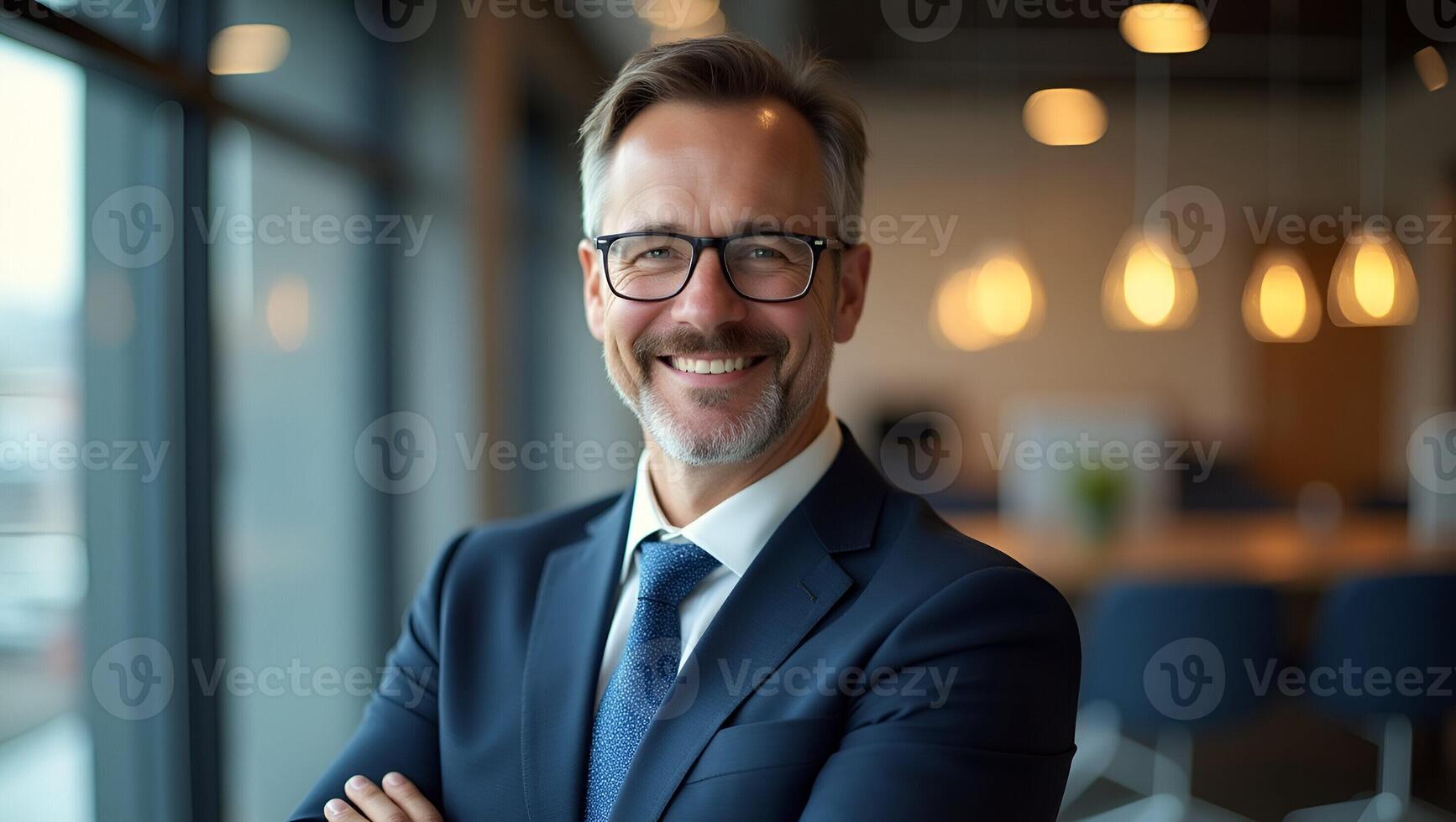 Smiling mature male CEO in office arms crossed projecting reliability driven by results symbolizing entrepreneurial foresight concept as Confident older executive stands upright u Realistic Set 4 photo