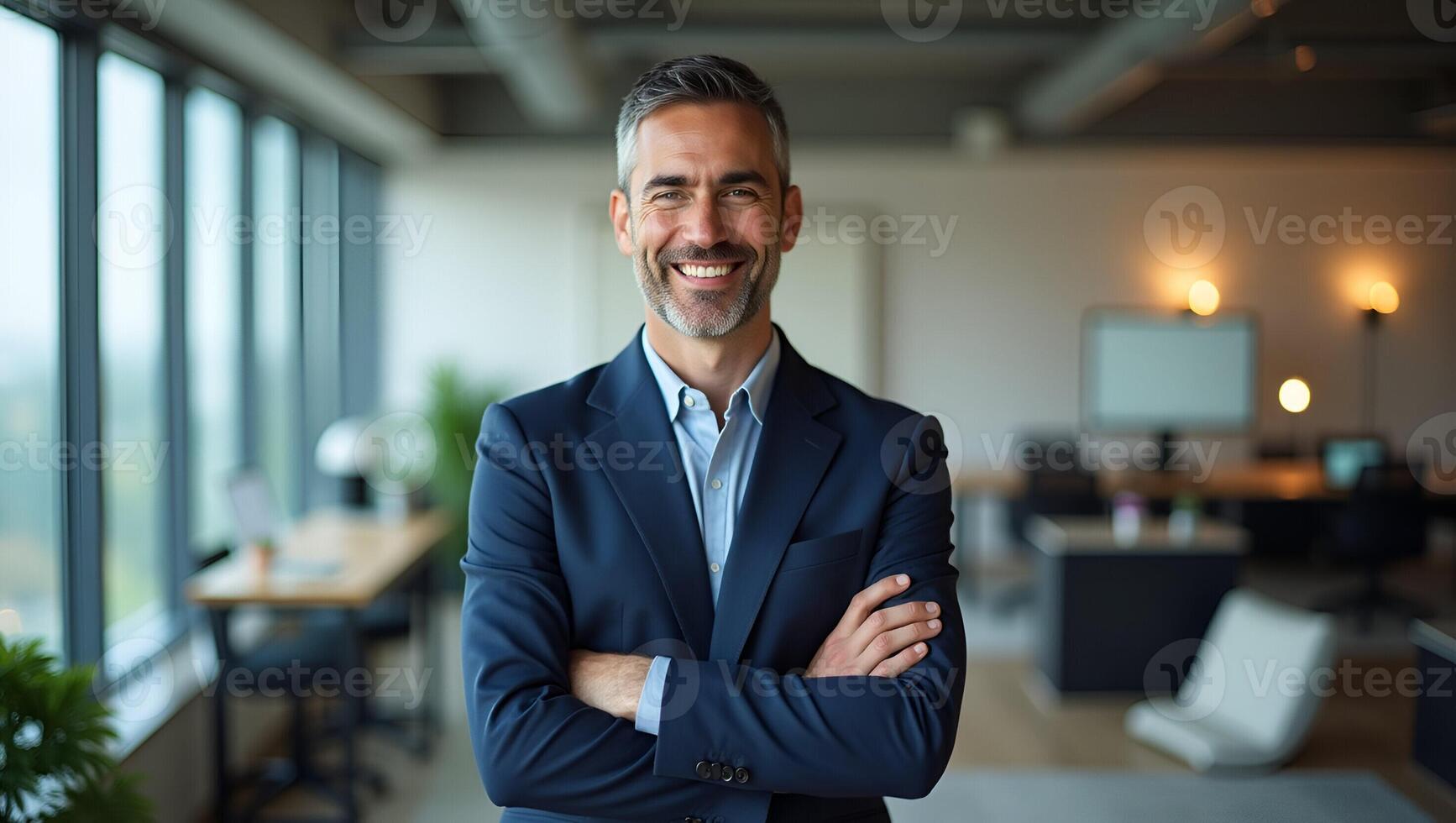 Smiling mature male CEO in office arms crossed projecting reliability driven by results symbolizing entrepreneurial foresight concept as Confident older executive stands upright u Realistic Set 6 photo