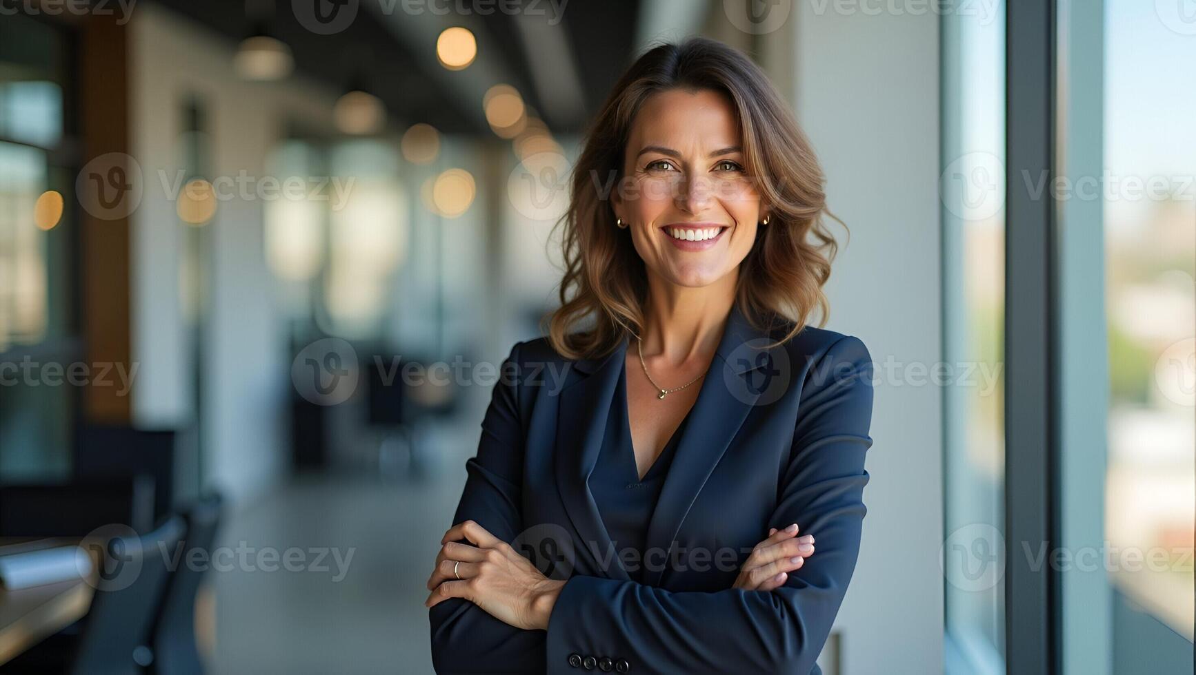 Empowering Portrait of a Happy 45 Year Old Latin Businesswoman Confident Corporate Leader Smiling with Arms Crossed in Office Setting Perfect for Stock Photo Use with Space for Realistic Set 2