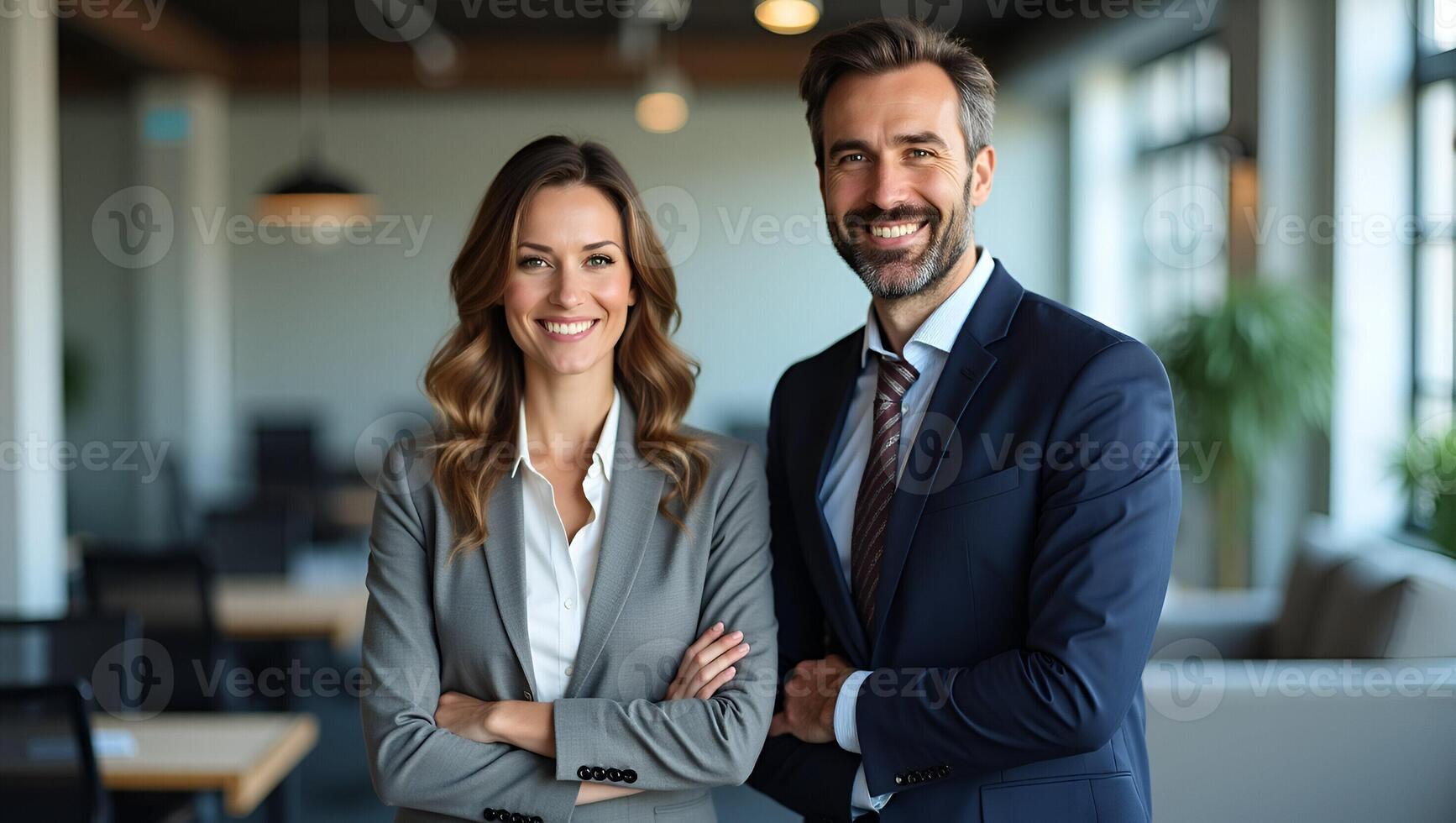 Two business partners executives standing in office looking at camera 2 sales managers company agents consultancy professionals bank advisors with devices posing for corporate por Realistic Set 2 photo