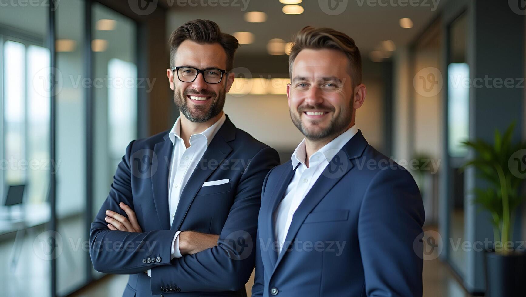 Two business partners executives standing in office looking at camera 2 sales managers company agents consultancy professionals bank advisors with devices posing for corporate por Realistic Set 3 photo
