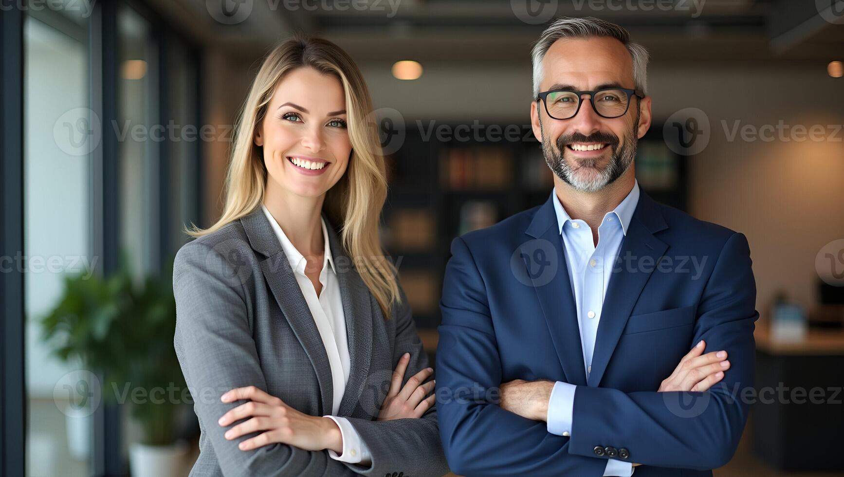 Two happy executive managers mature business man and woman leaders successful partners professional team standing arms crossed in office at work looking at camera vertical portrait Realistic Set photo