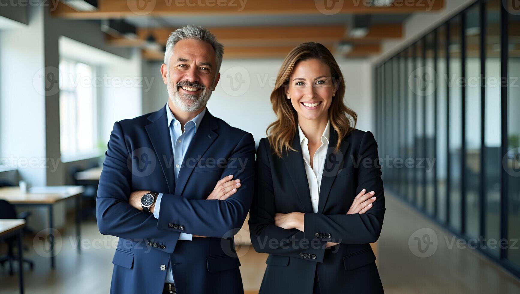 Two happy executive managers mature business man and woman leaders successful partners professional team standing arms crossed in office at work looking at camera vertical portrait Realistic Set 3 photo