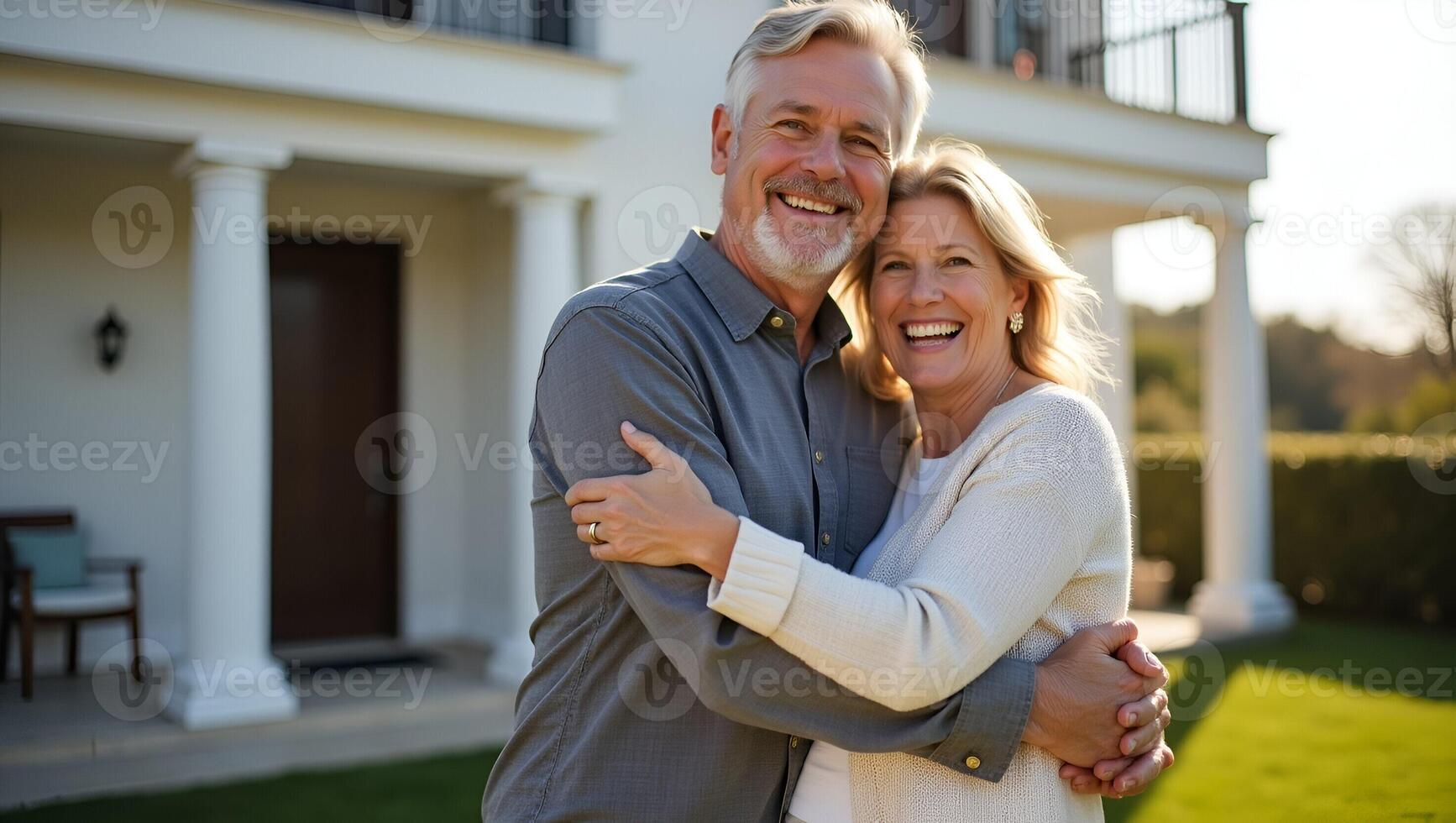 Happy smiling mature older family couple new property buyers modern dream luxury villa owners standing outside house affectionate senior middle aged man and woman in love hugging o Realistic Set photo