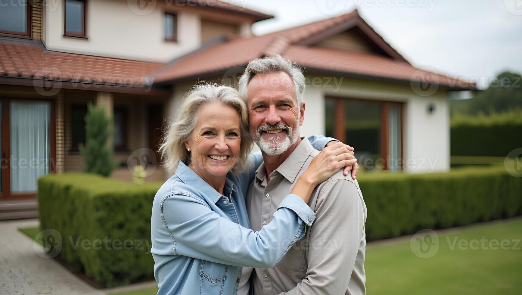 Happy smiling mature older family couple new property buyers modern dream luxury villa owners standing outside house affectionate senior middle aged man and woman in love hugging o Realistic Set 5 photo