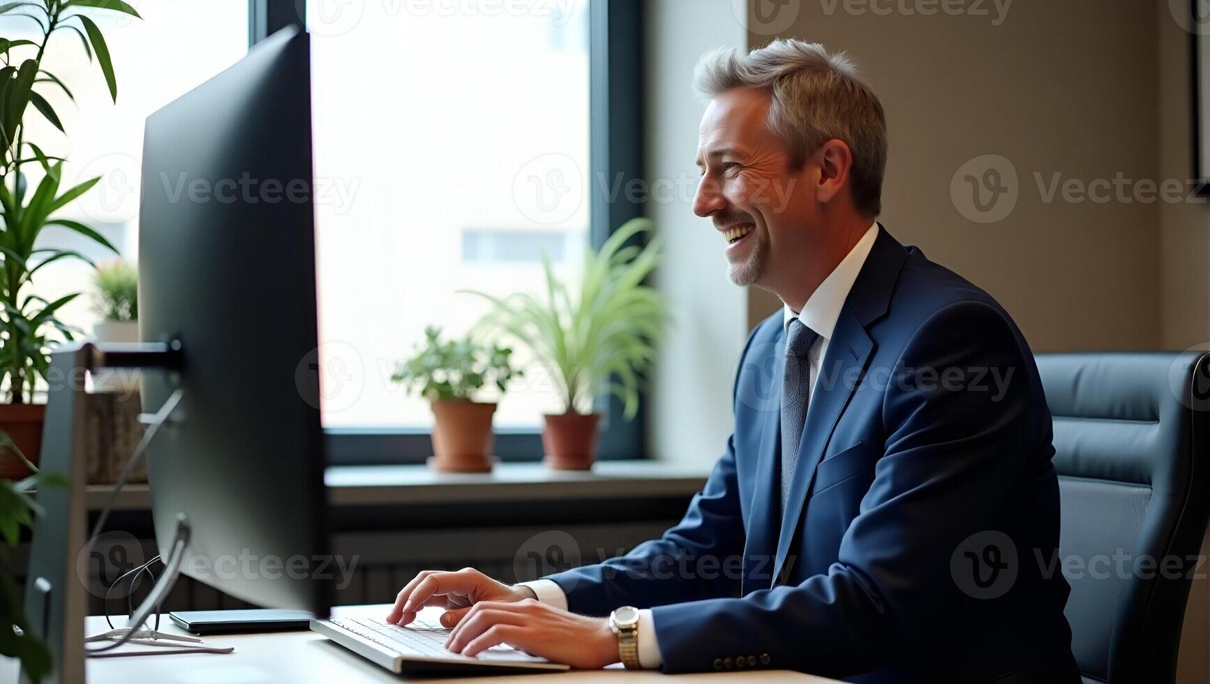 Happy senior 50 years old professional business man wearing suit using computer sitting at desk busy smiling middle aged businessman executive investor bank manager working on comp Realistic Set 2 photo