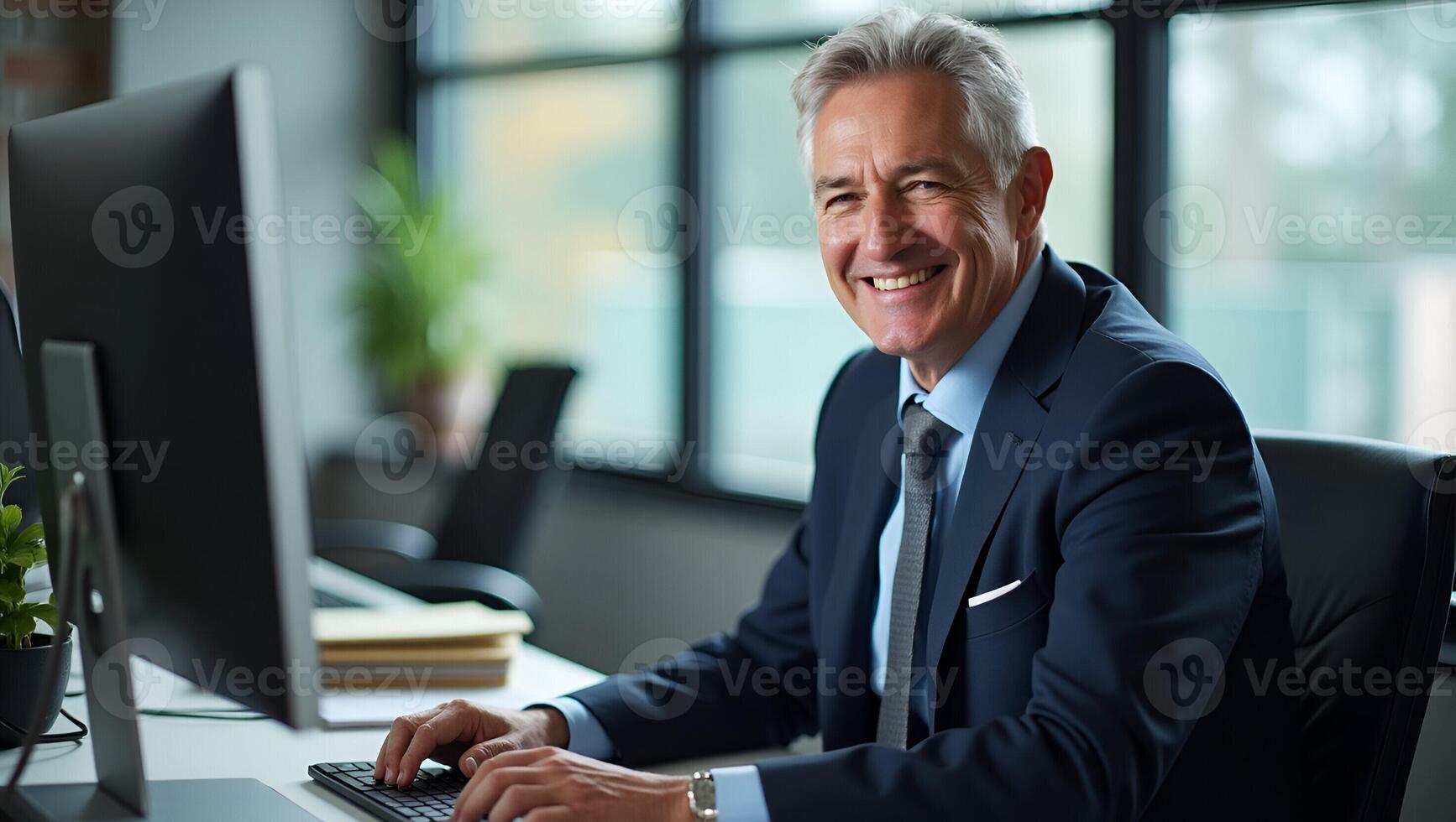 Happy senior 50 years old professional business man wearing suit using computer sitting at desk busy smiling middle aged businessman executive investor bank manager working on comp Realistic Set 4 photo
