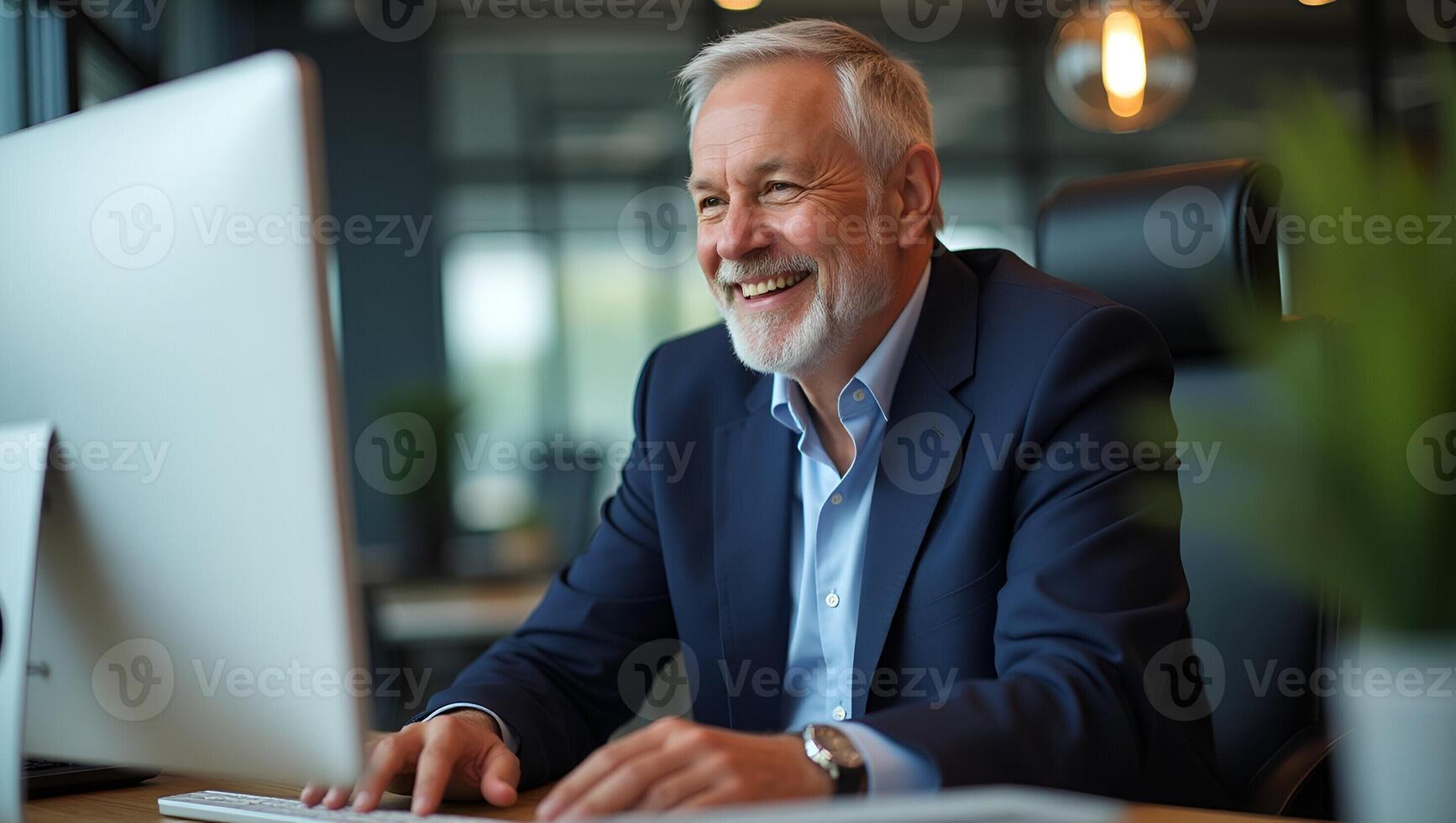 Happy senior 50 years old professional business man wearing suit using computer sitting at desk busy smiling middle aged businessman executive investor bank manager working on comp Realistic Set 6 photo