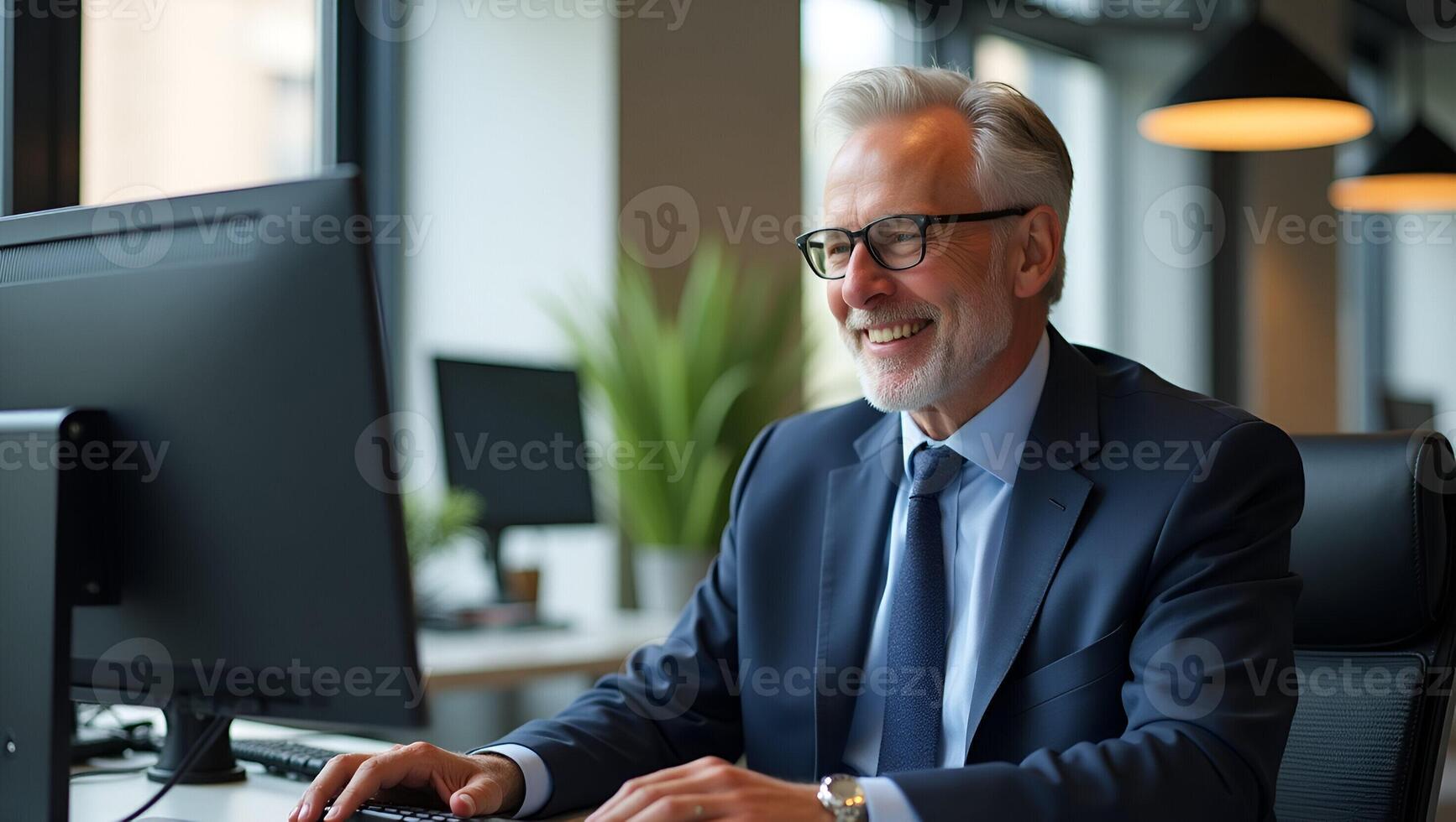 Happy senior 50 years old professional business man wearing suit using computer sitting at desk busy smiling middle aged businessman executive investor bank manager working on comp Realistic Set 3 photo