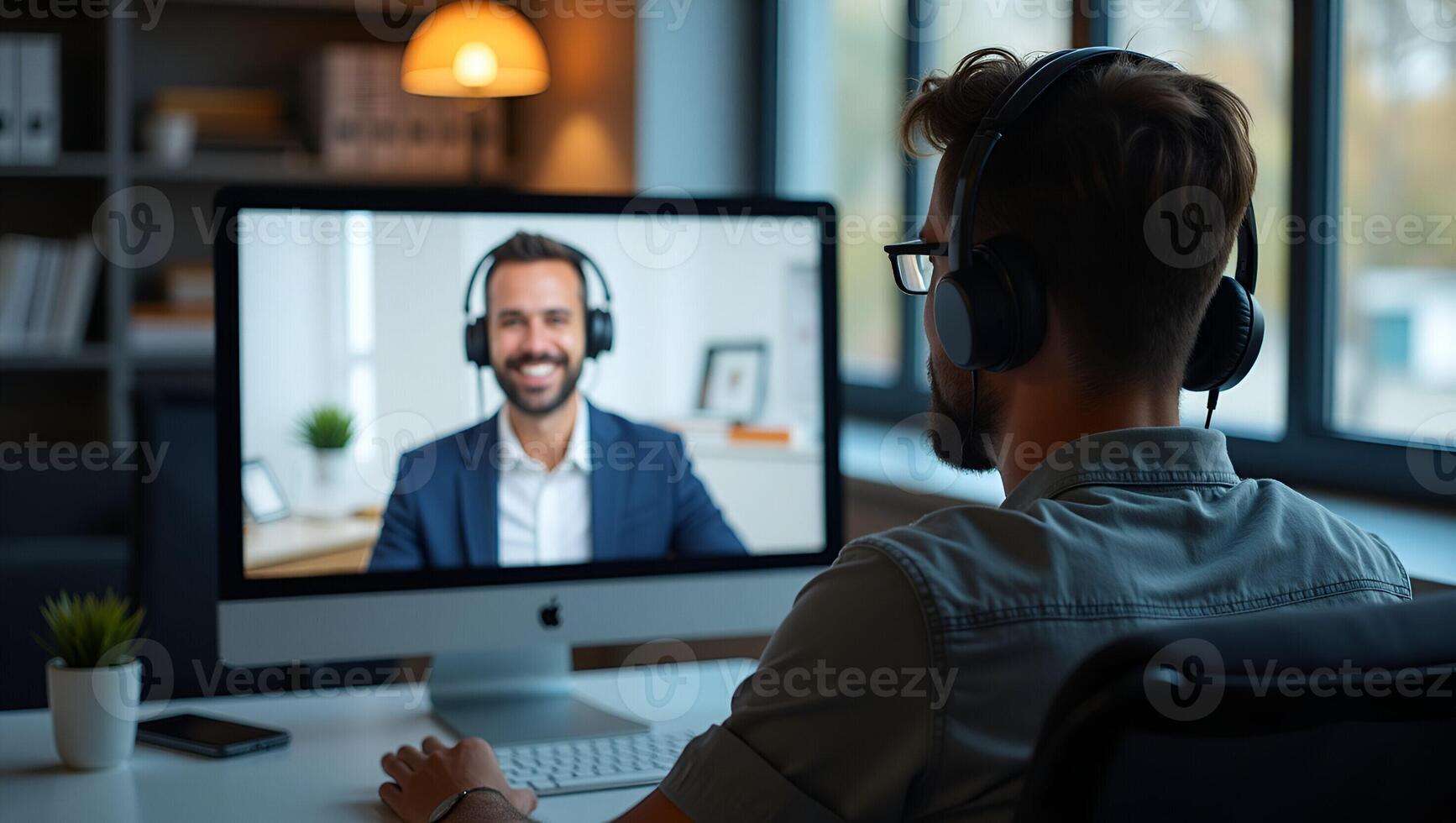 Male student wearing headphones taking online course training watching webinar remote seminar university class virtual learning social distance web teacher tutor coach on computer Realistic Set 2 photo