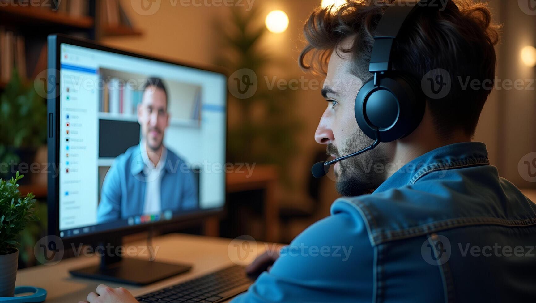 Engaging Online Learning Male Student with Headphones Participates in Virtual University Class Attends Remote Seminar and Interacts with Web Teacher on Computer Screen Stock P Realistic Set photo