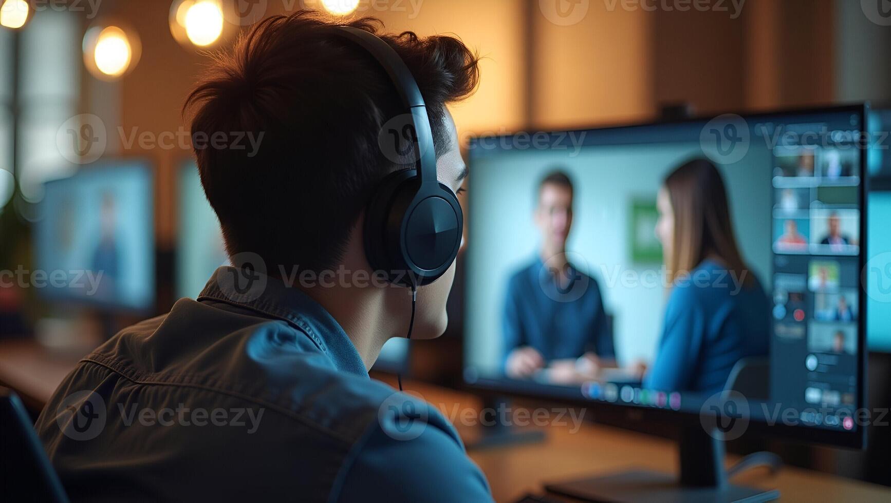 Male student wearing headphones taking online course training watching webinar remote seminar university class virtual learning social distance web teacher tutor coach on computer Realistic Set 4 photo