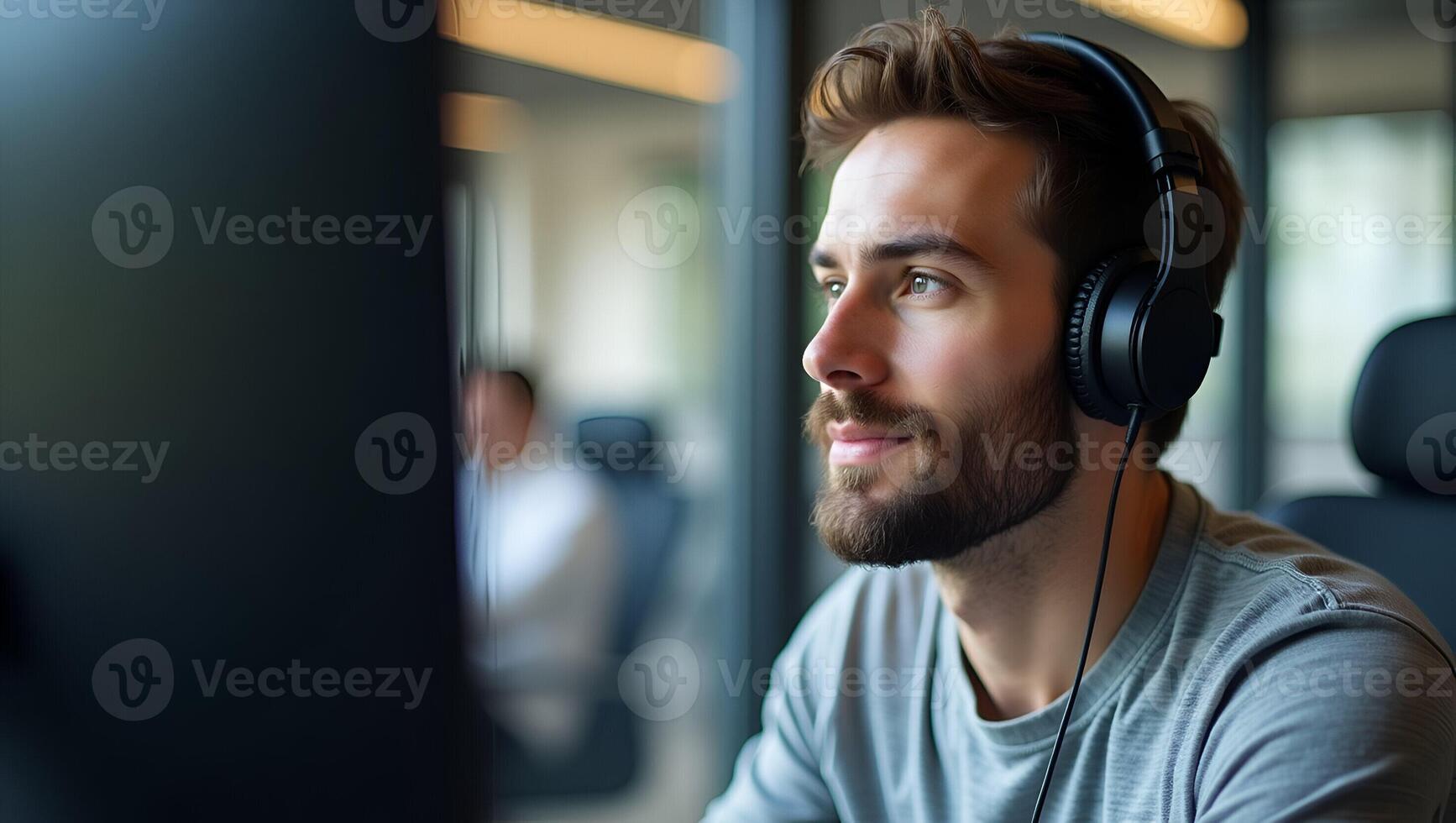 Male student wearing headphones taking online course training watching webinar remote seminar university class virtual learning social distance web teacher tutor coach on computer Realistic Set 5 photo