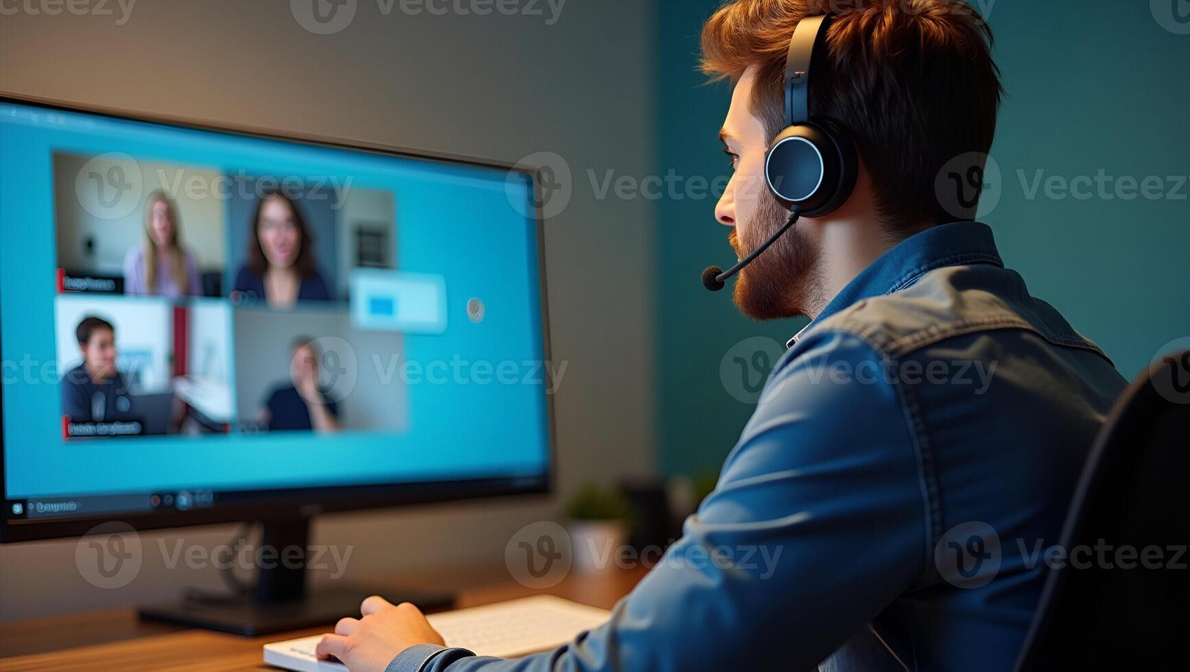 Male student wearing headphones taking online course training watching webinar remote seminar university class virtual learning social distance web teacher tutor coach on computer Realistic Set 6 photo