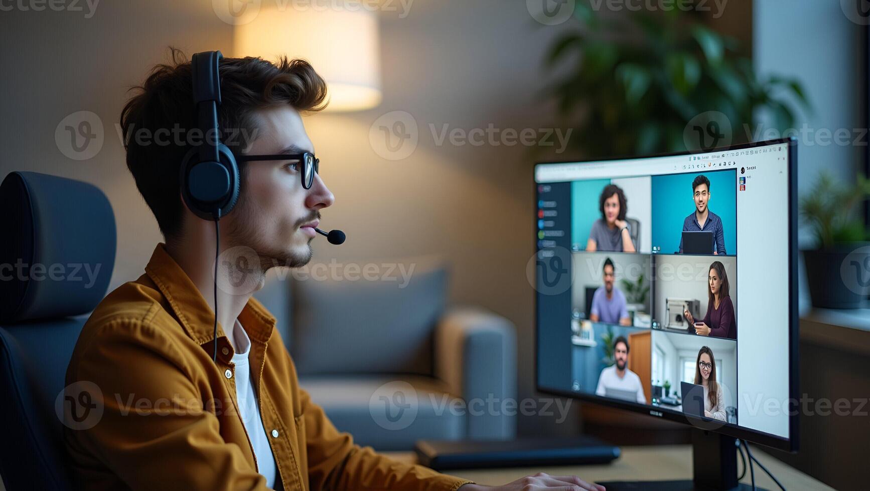 Engaging Online Learning Male Student with Headphones Participates in Virtual University Class Attends Remote Seminar and Interacts with Web Teacher on Computer Screen Stock P Realistic Set 2 photo