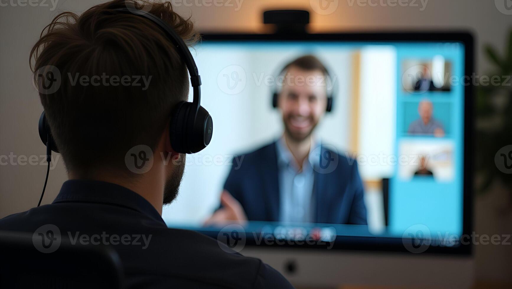 Male student wearing headphones taking online course training watching webinar remote seminar university class virtual learning social distance web teacher tutor coach on computer Realistic Set 8 photo