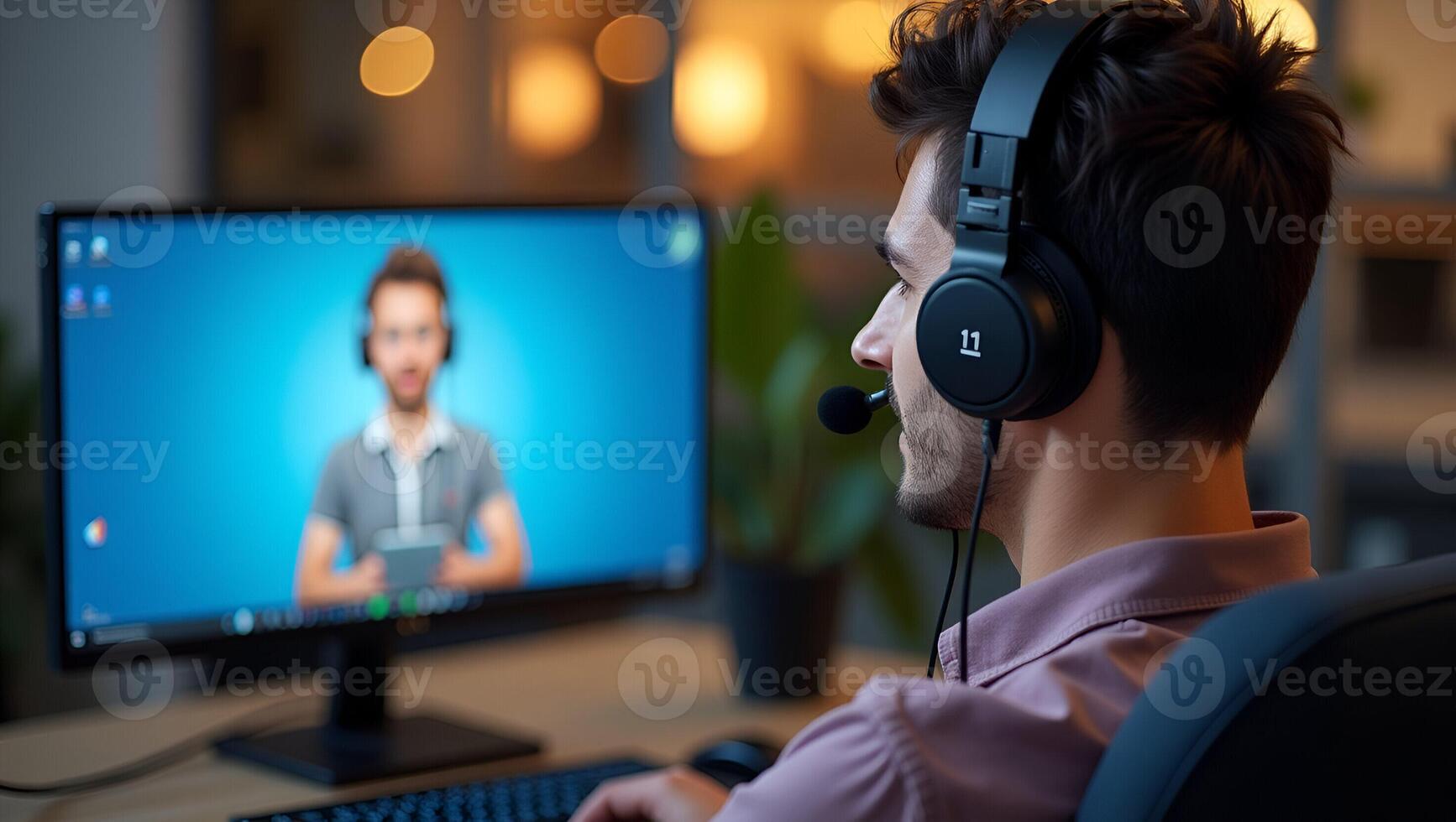 Male student wearing headphones taking online course training watching webinar remote seminar university class virtual learning social distance web teacher tutor coach on computer Realistic Set 9 photo