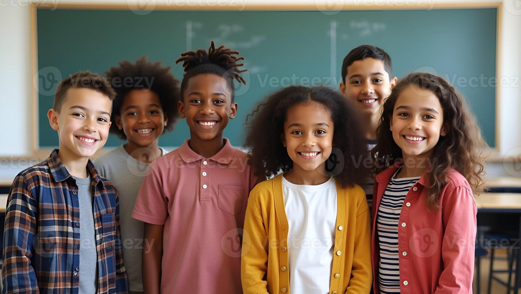Happy Diverse Junior School Students Multiethnic Cool Kids Smiling in Classroom Portrait Educational Environment Concept with Space for Text Realistic Set photo