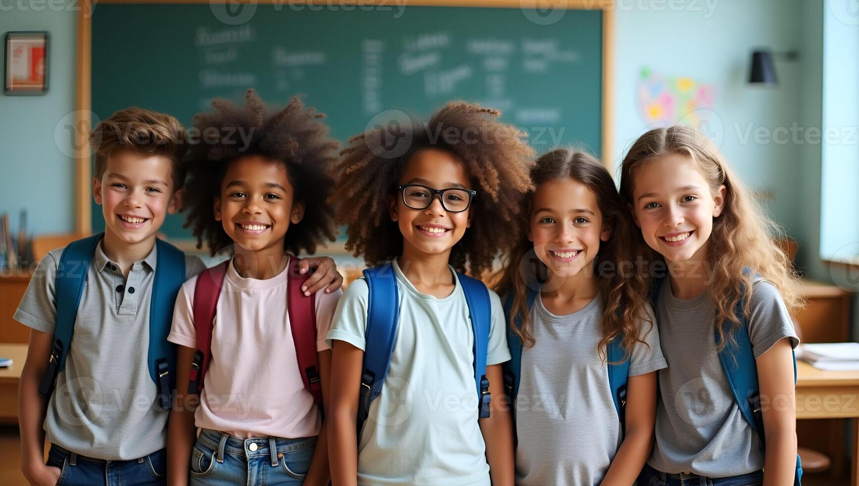 Happy diverse junior school students stand in classroom smiling and posing for a group portrait representing multiethnic cool kids boys and girls friends in an educational environm Realistic Set 3 photo