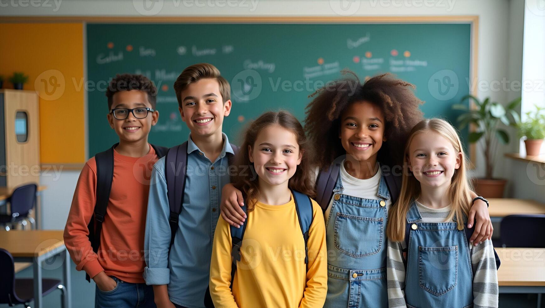Happy Diverse Junior School Students Multiethnic Cool Kids Smiling in Classroom Portrait Educational Environment Concept with Space for Text Realistic Set 2 photo