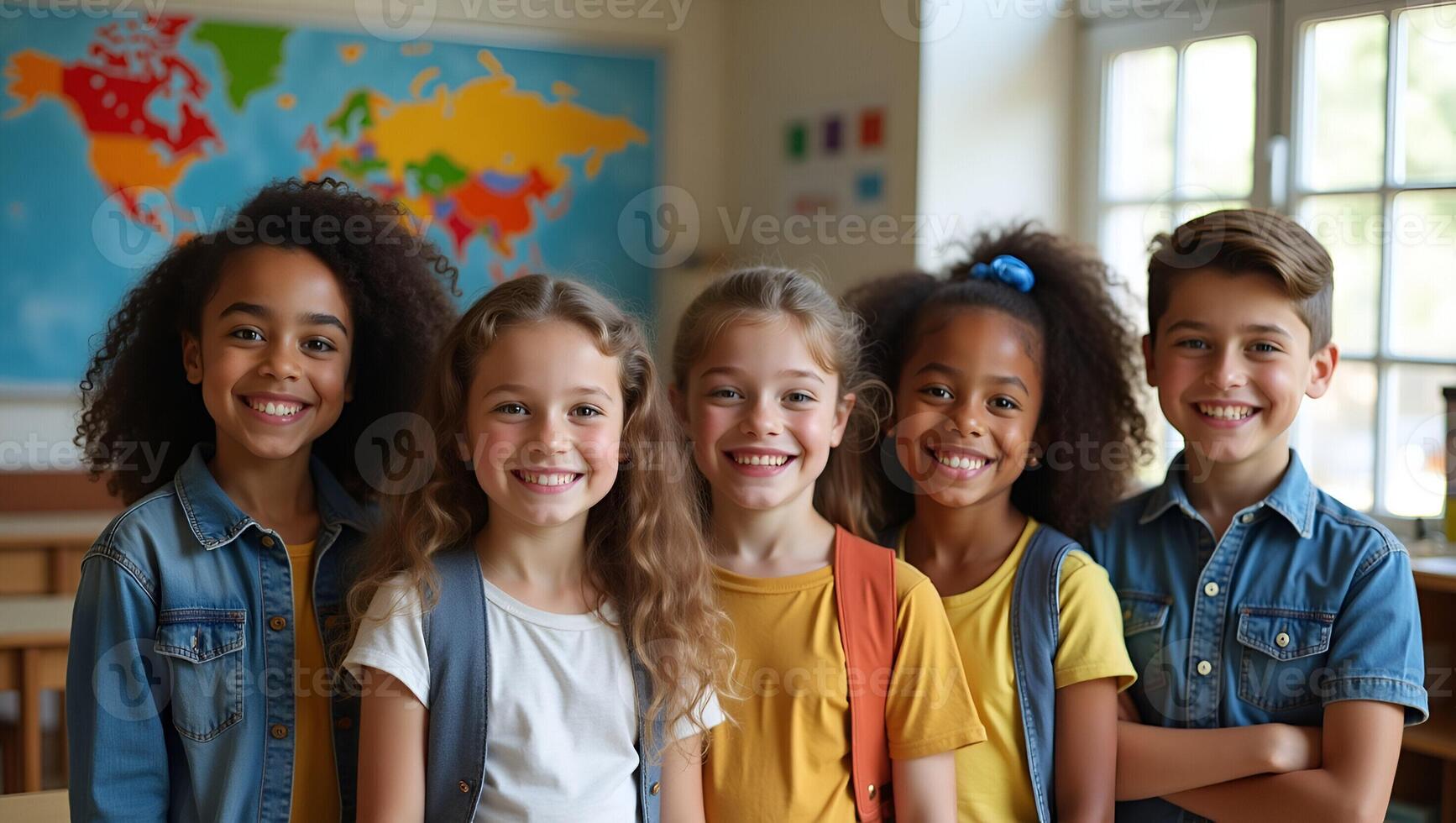 Happy diverse junior school students stand in classroom smiling and posing for a group portrait representing multiethnic cool kids boys and girls friends in an educational environm Realistic Set photo
