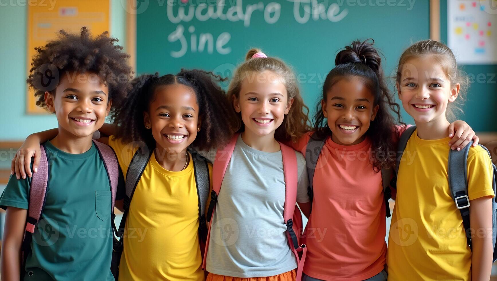 Happy diverse junior school students stand in classroom smiling and posing for a group portrait representing multiethnic cool kids boys and girls friends in an educational environm Realistic Set 5 photo