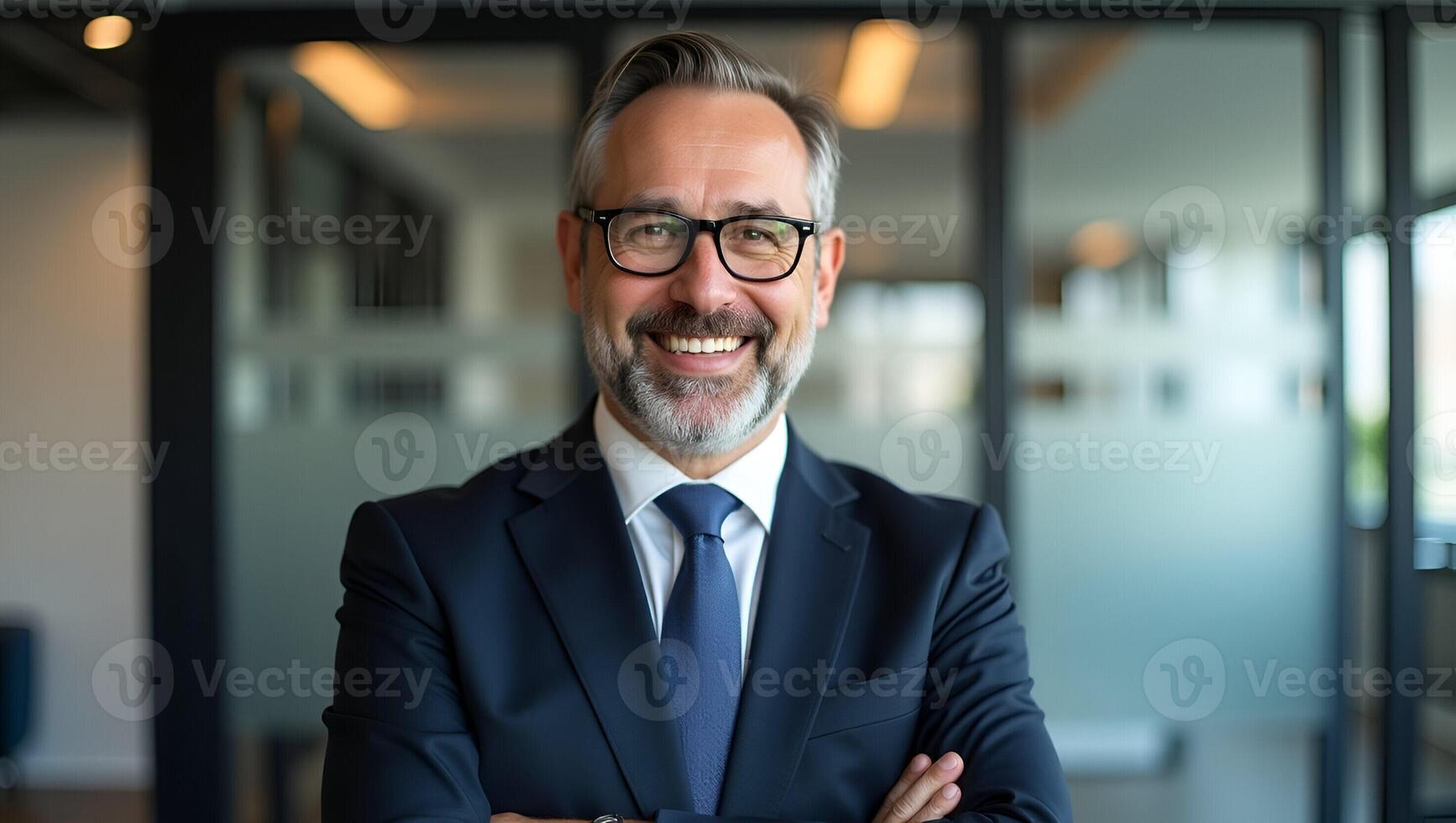 Confident Middle Aged Businessman Executive in Glasses Professional Headshot Portrait Showcasing Maturity and Leadership in Office Setting with Space for Text Realistic Set photo